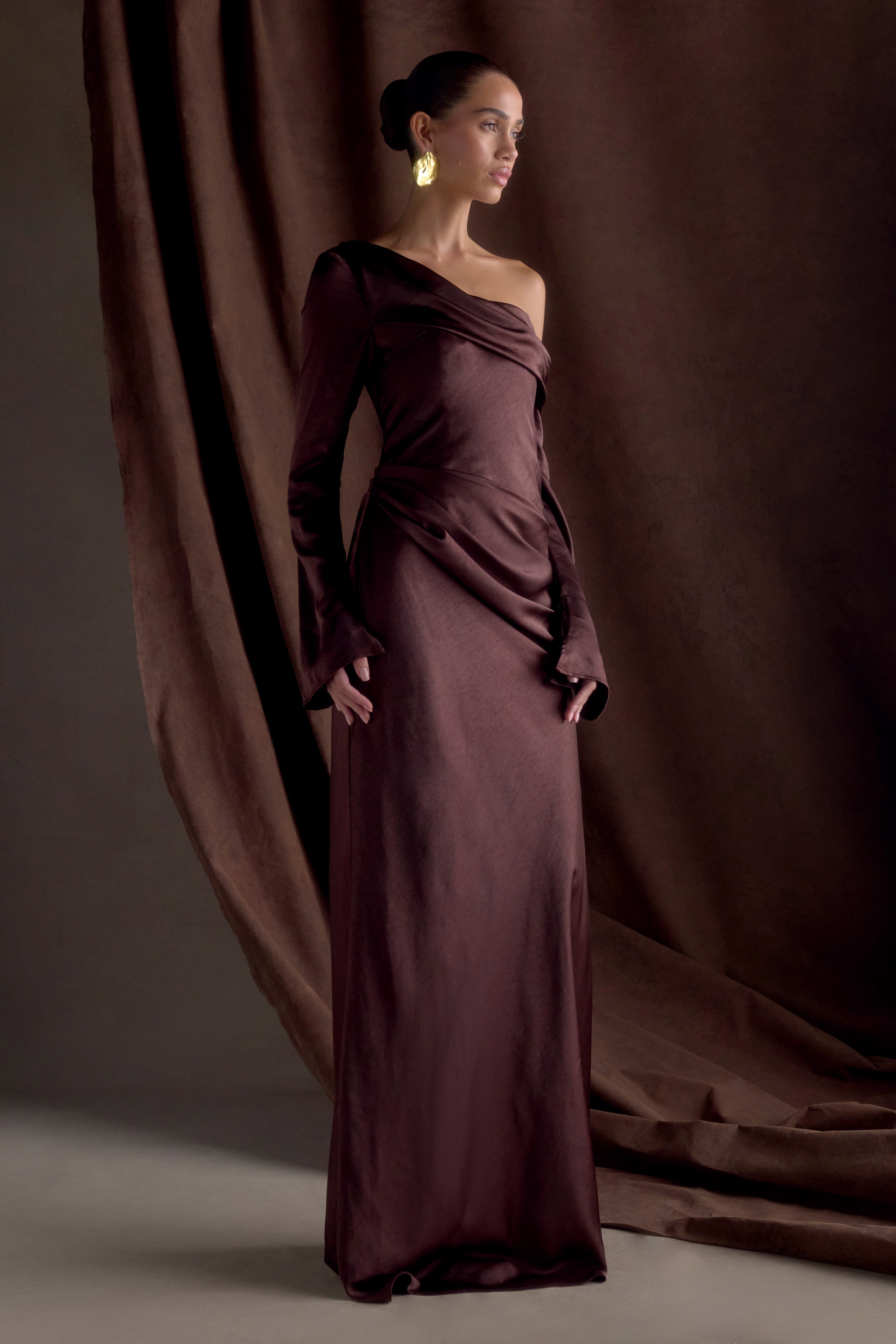 Iris Long Sleeve Satin Maxi Dress - Dark Chocolate、mySite、solidvoid