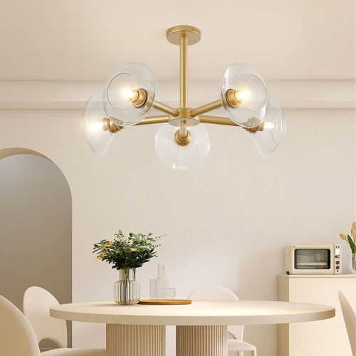 26" Modern Gold 5-Light Sputnik Chandelier with Clear Glass Shades, Mid-Century Hanging Pendant Light Fixture for Dining Room, Living Room, or Kitchen (Bulb Not Included)、、eastwooduniform