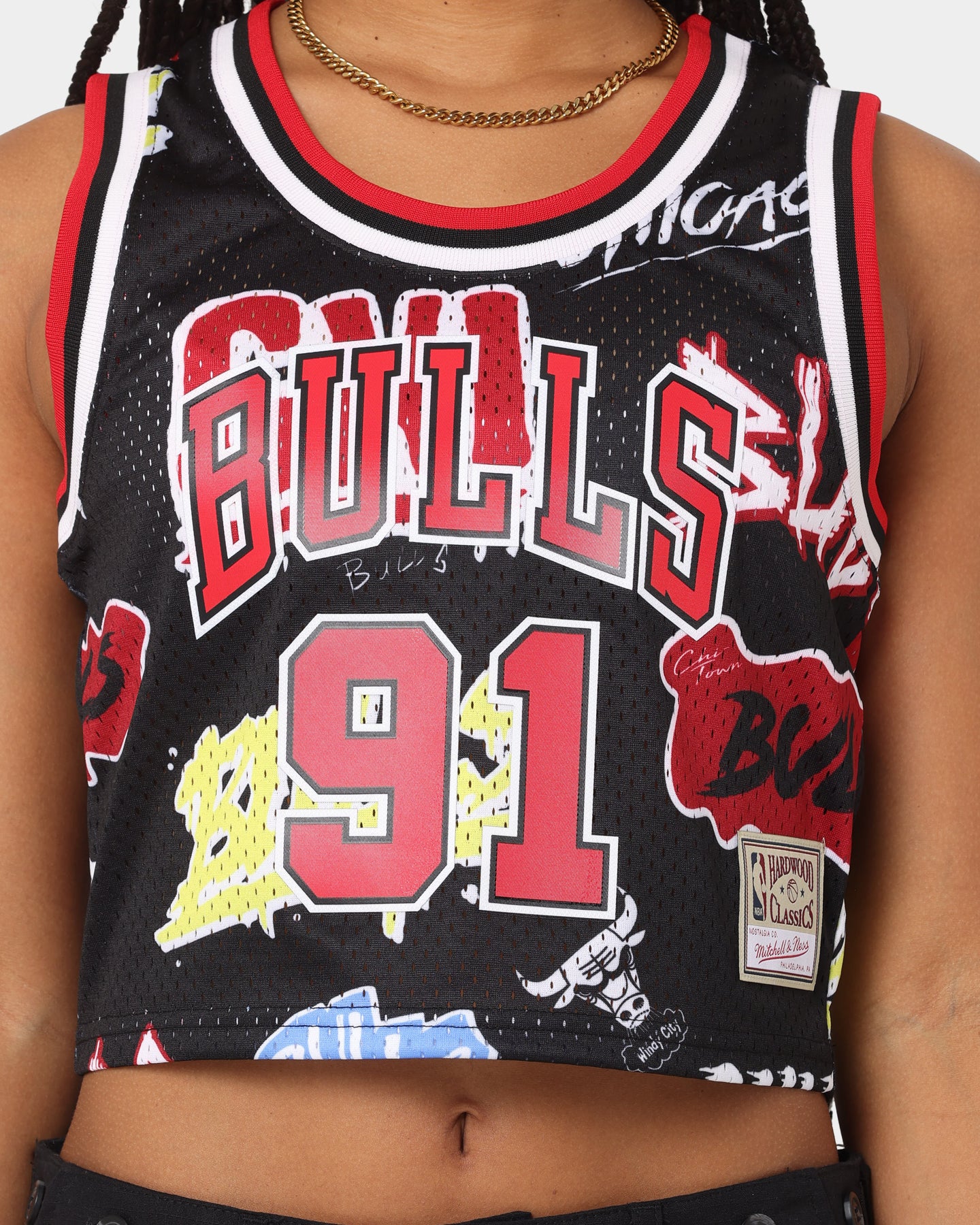 Mitchell & Ness Women's Dennis Rodman Chicago Bulls Slap Sticker Crop Tank Jersey Black、mySite、zt4zffjzw
