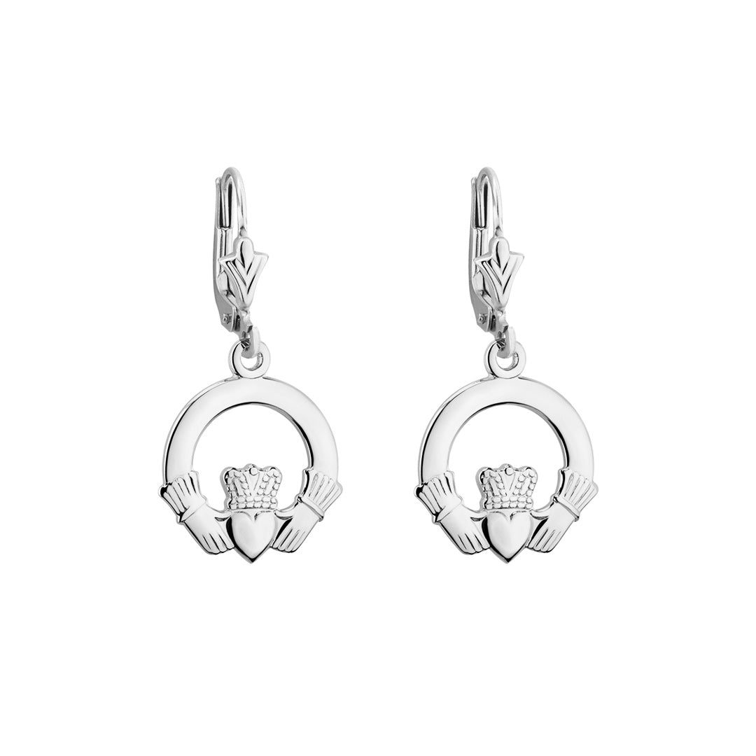  14K White Gold Claddagh Drop Earrings