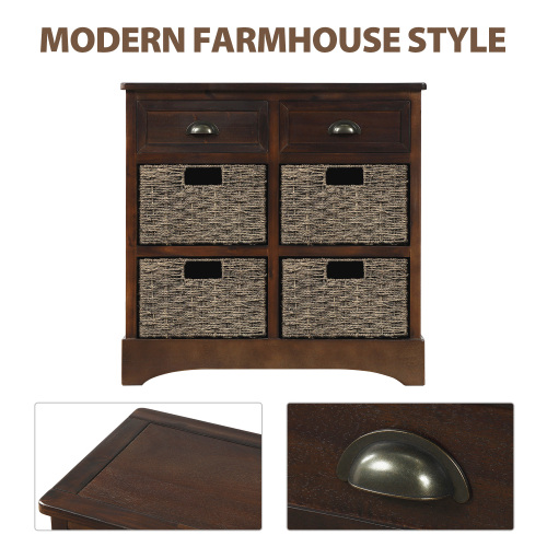 TREXM Rustic Storage Cabinet with Two Drawers and Four Classic Rattan Basket for Dining Room/Entryway/Living Room (Antique Navy)、、casual