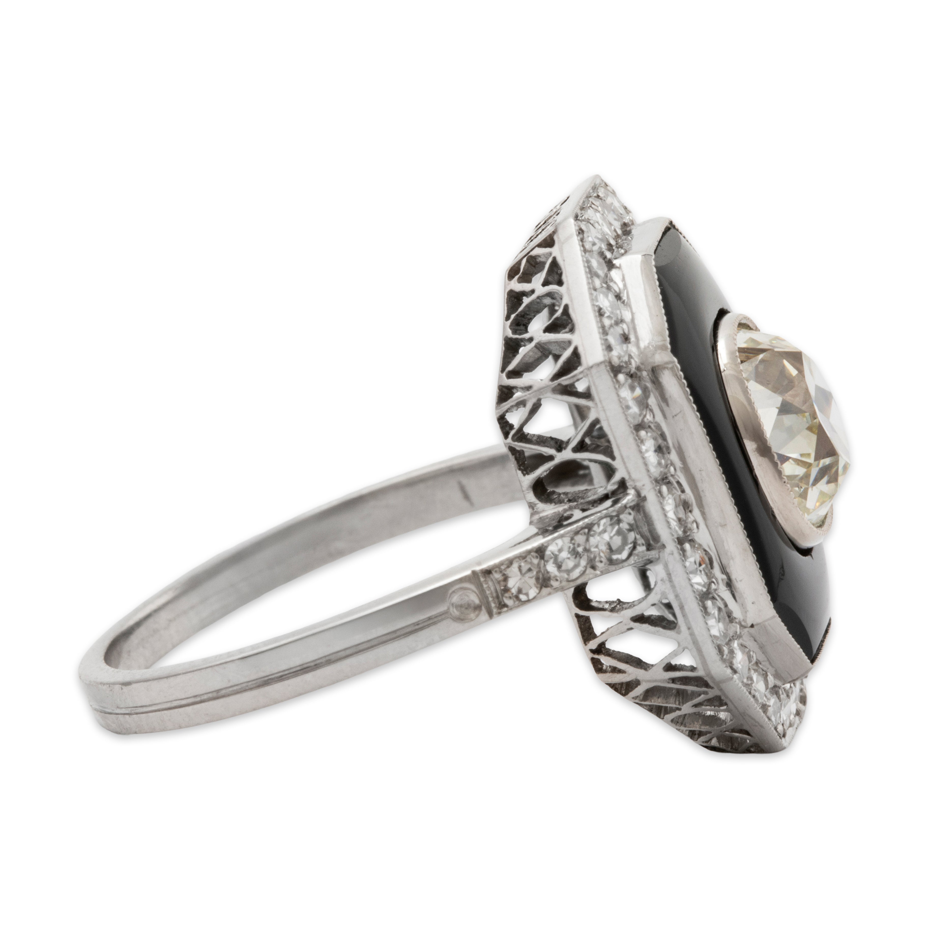 Chic Antique Art Deco Platinum 2.04cttw VS1-VS2 Old Mine Diamond Onyx Ring 6.75、mySite、hinf8tx79