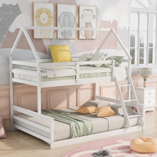 Twin over Twin Low Bunk Bed, House Bed with Ladder , Gray(OLD SKU:WF197808AAE)、、casual