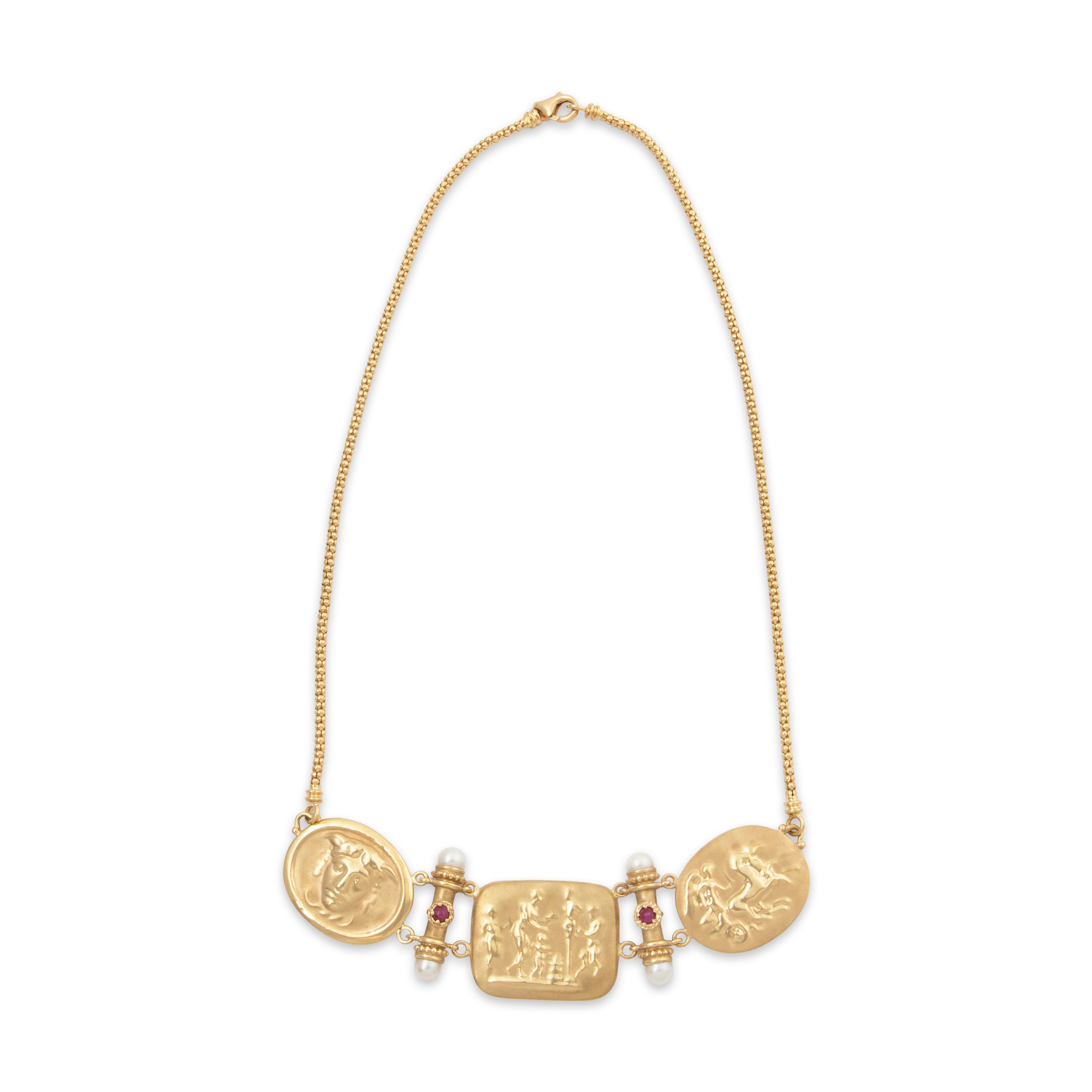 Vintage Italian 14k Yellow Gold Pearl Ruby Etruscan Style Statement Necklace 17、mySite、hinf8tx79