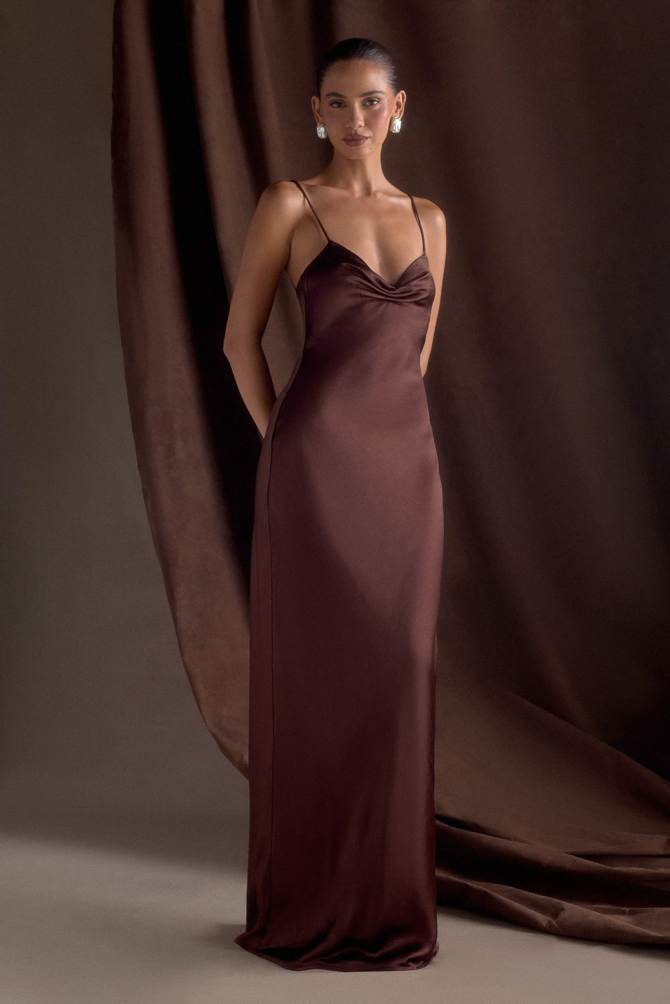 Lilly Sweetheart Satin Maxi Dress - Dark Chocolate、mySite、solidvoid