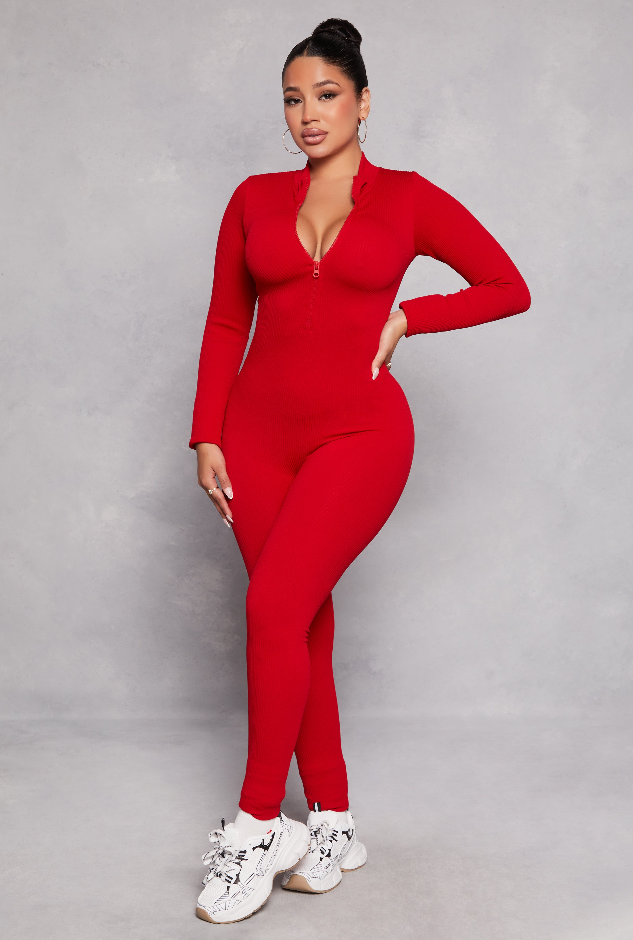 Ribbed Knit Half Zip Long Sleeve Catsuit、mySite、camillekostekn