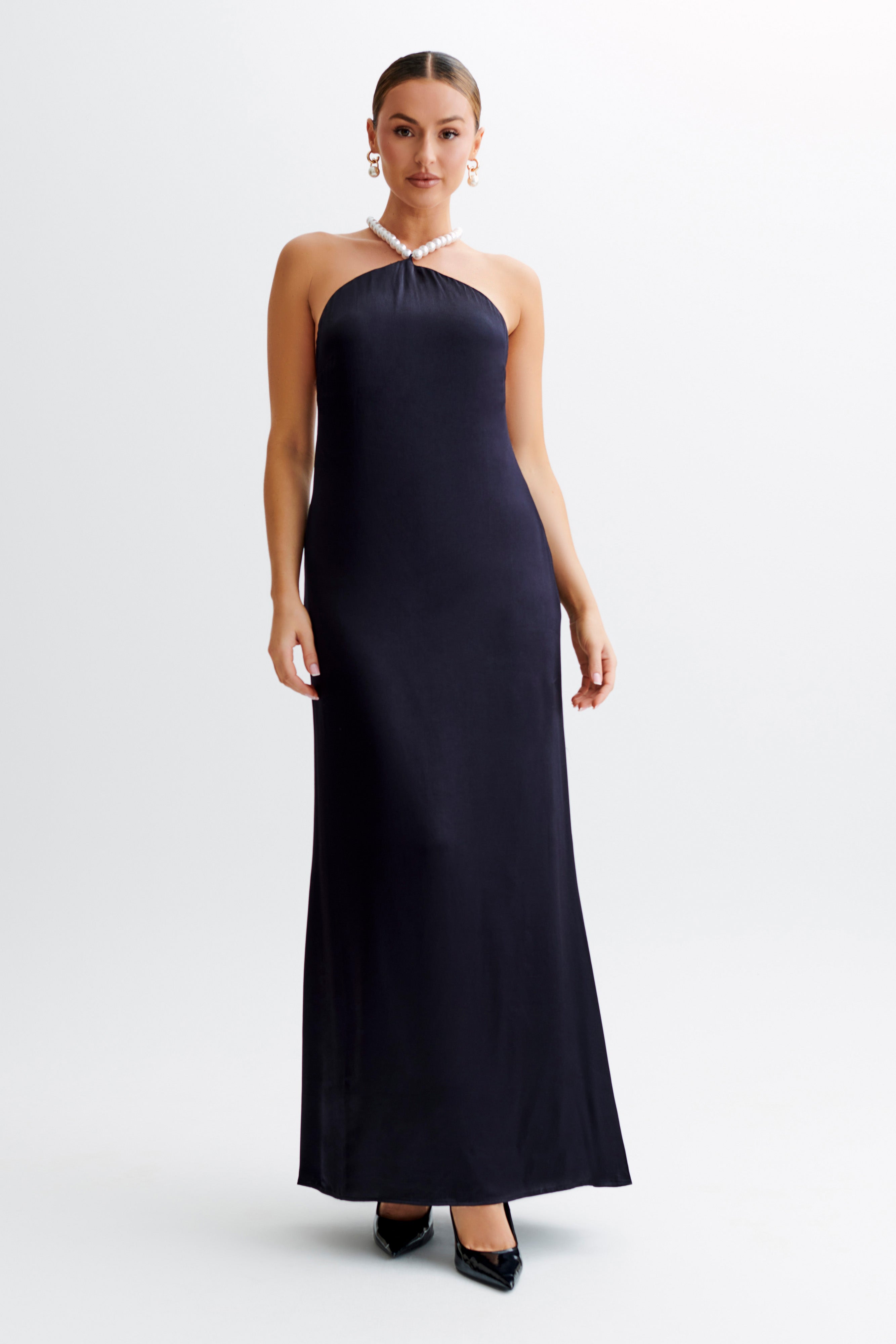 Blanche Satin Pearl Halter Maxi Dress - Black、mySite、solidvoid