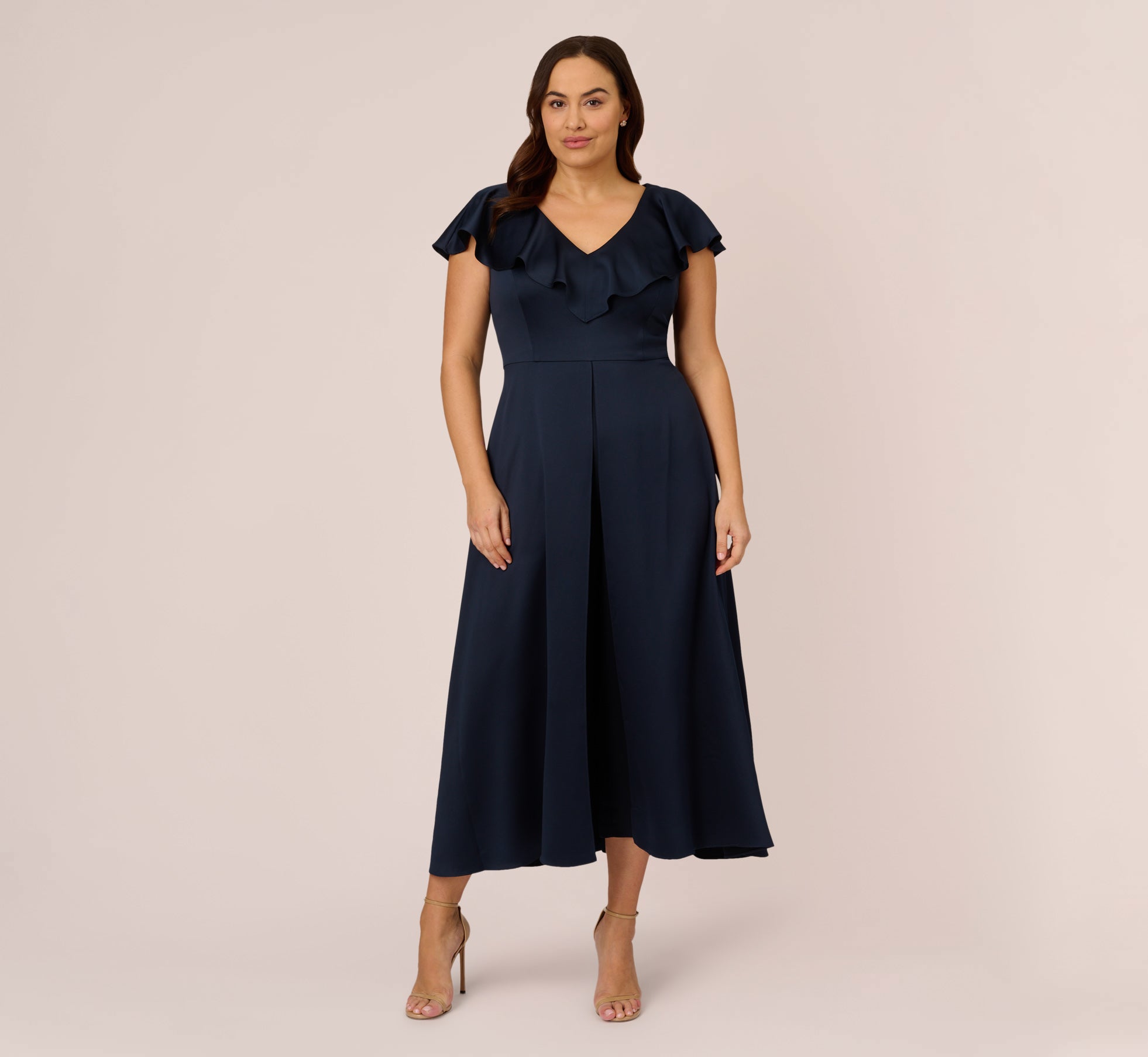 Plus Size Satin Crepe Ruffled Cropped Jumpsuit In Dark Navy、mySite、solidvoid