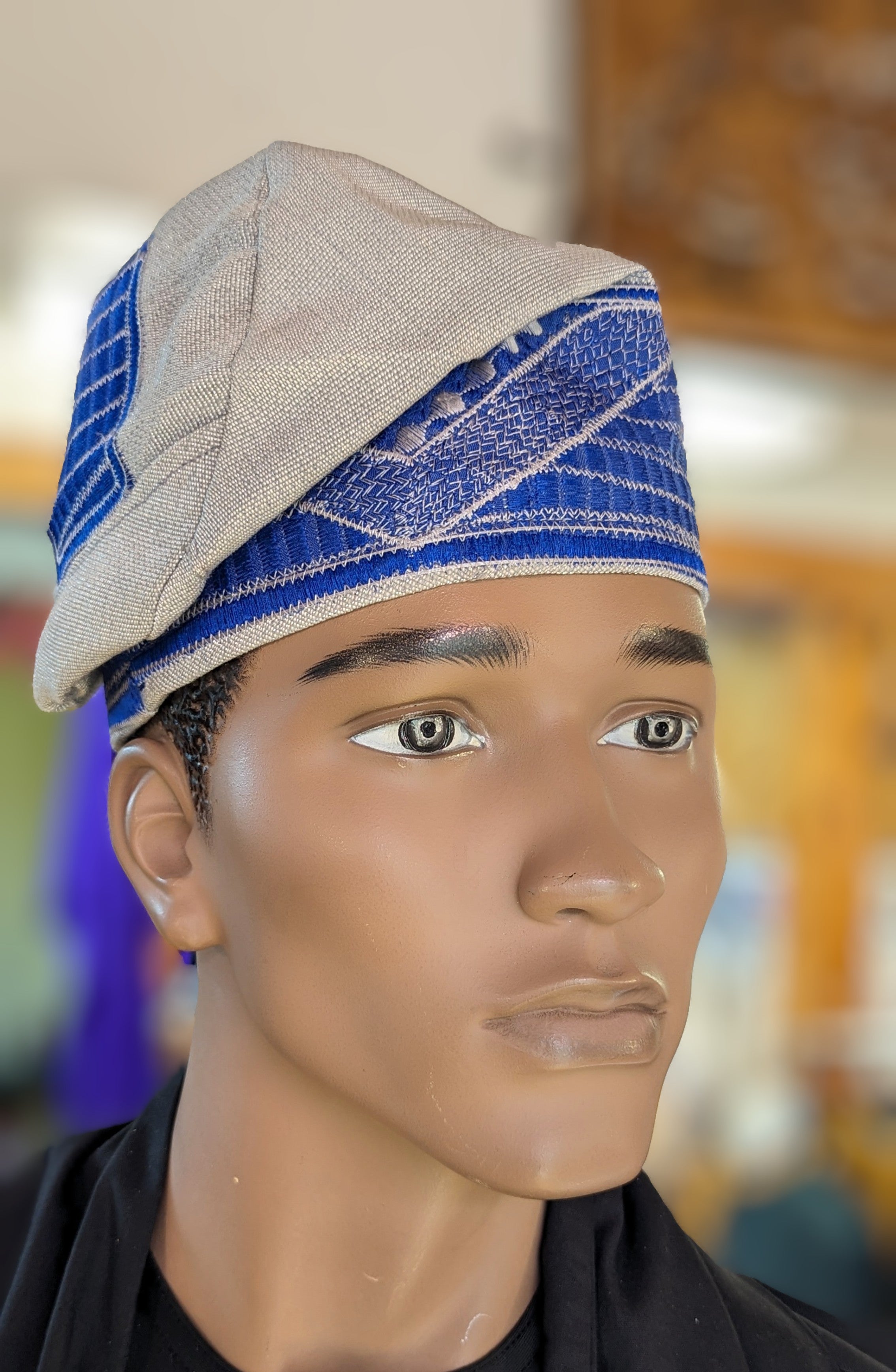 Dupsie's Silver African Aso Oke Kufi Cap hat with Royal-Blue Embroidery DPHASRB12、mySite、solidvoid