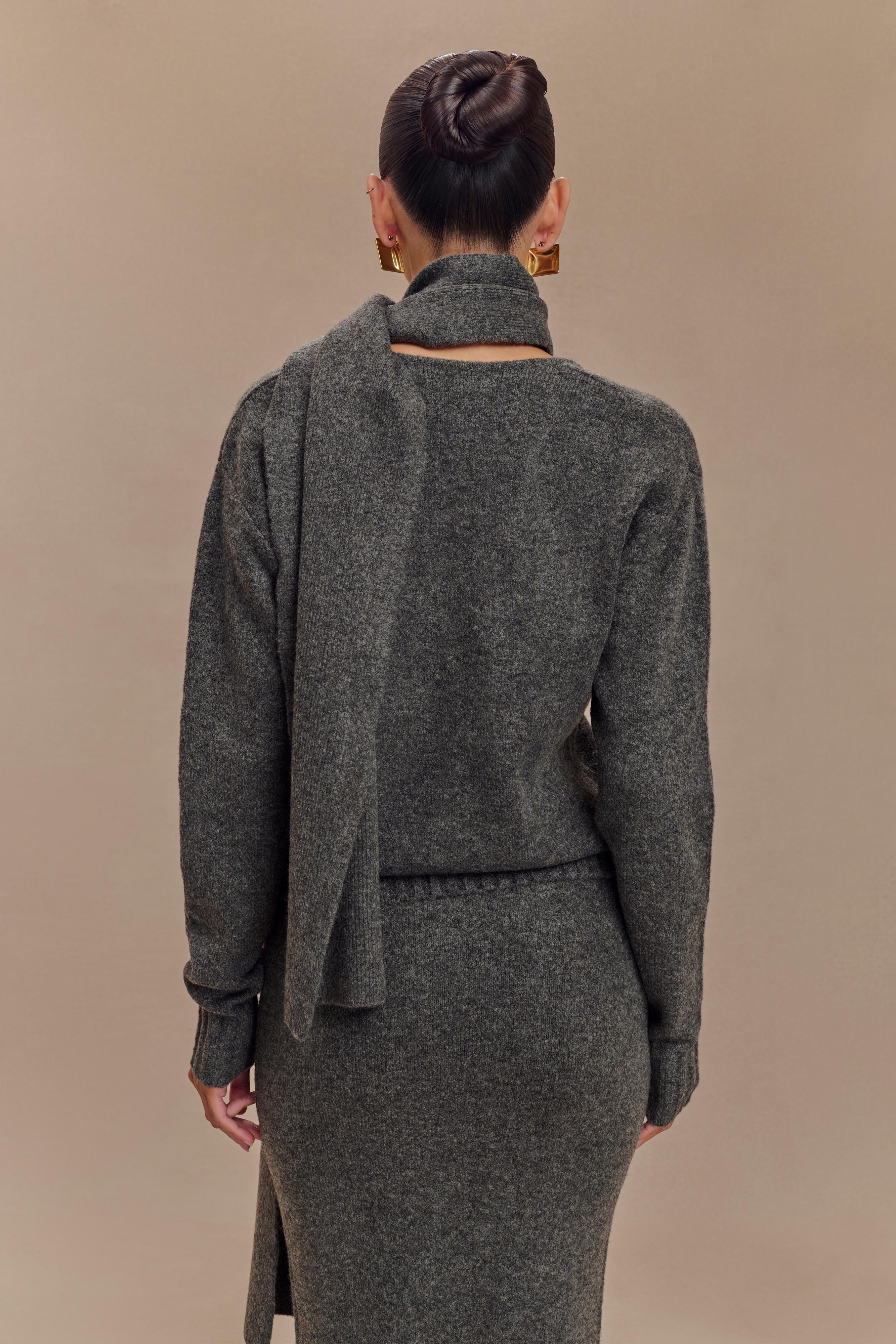 Ella V Neck Knit Jumper With Scarf - Charcoal Marle、mySite、solidvoid