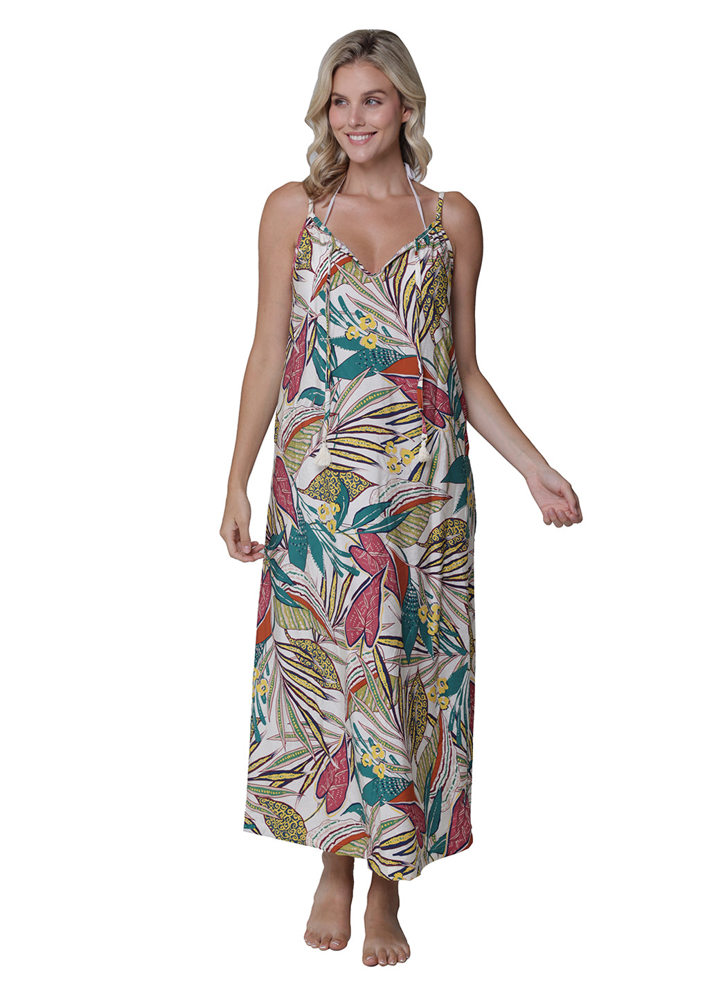J.Valdi Women's Funky Palm Strappy Tie Front Maxi Cover Up Dress、mySite、noshort