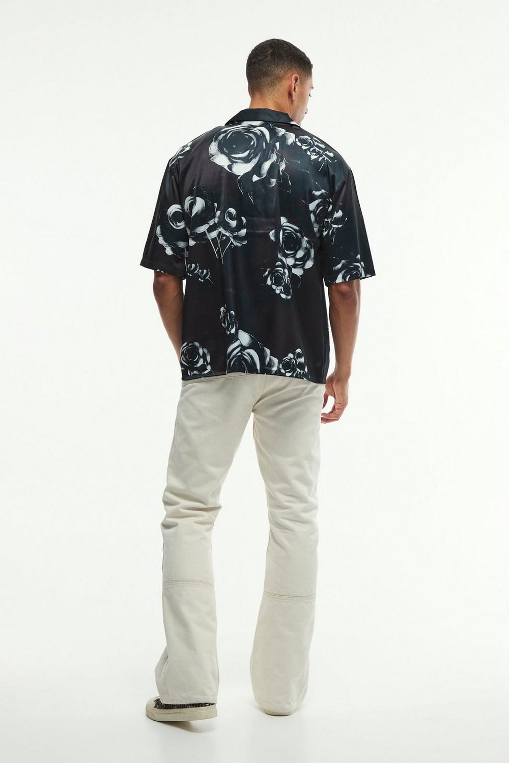  Boohooman Oversized Floral Printed Satin Short Sleeve shirt Black、mySite、justintrudeaud