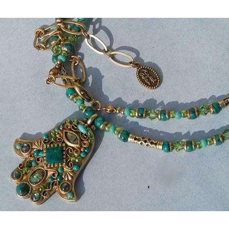 Michal Golan Chrysocolla, Chinese Turquise, Abalone and Glass Beads Hamsa Necklace、mySite、topwebapps