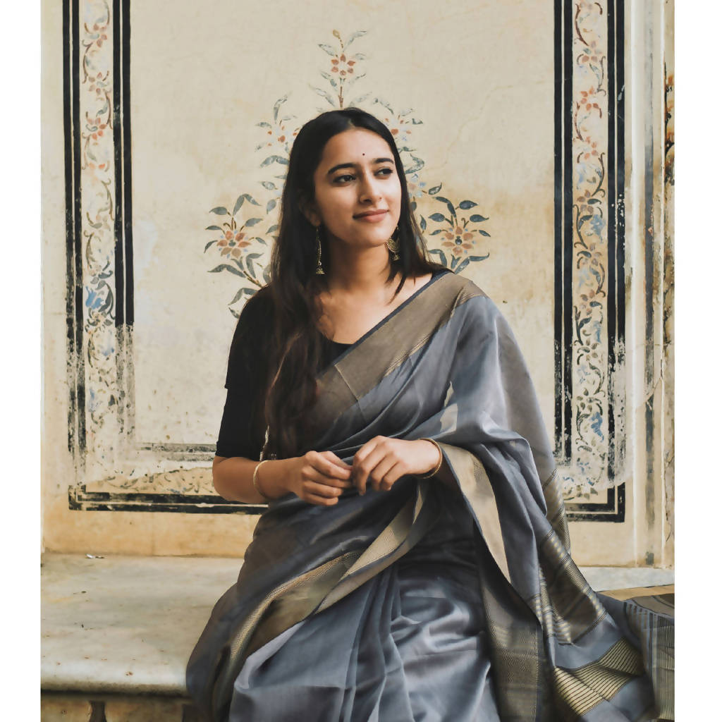 Festive Wear | Maheshwari Cotton Silk Saree | Grey & Gold、mySite、camillekostekn