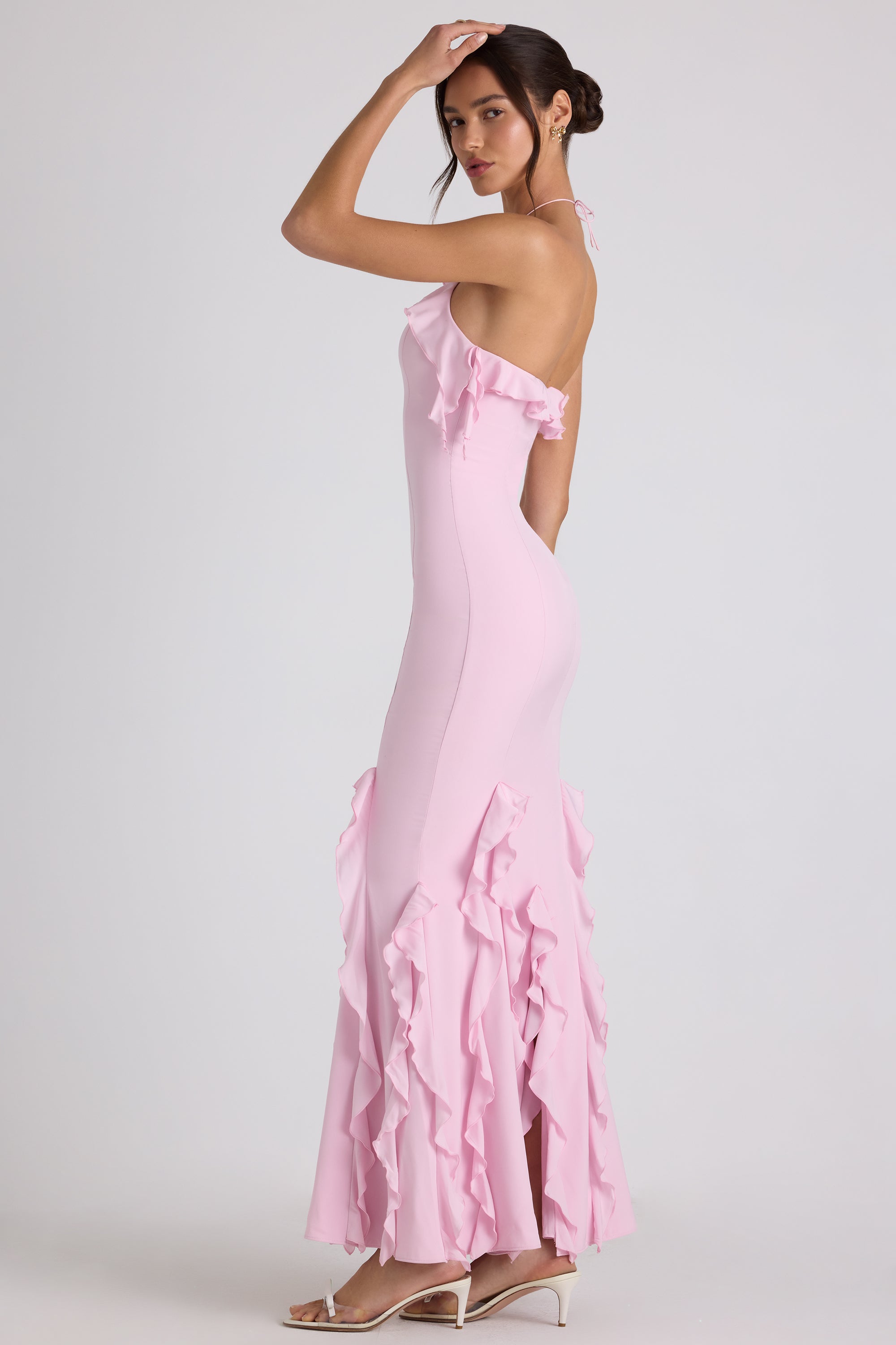 Ruffle-Trim Halterneck Gown in Soft Pink、mySite、solidvoid