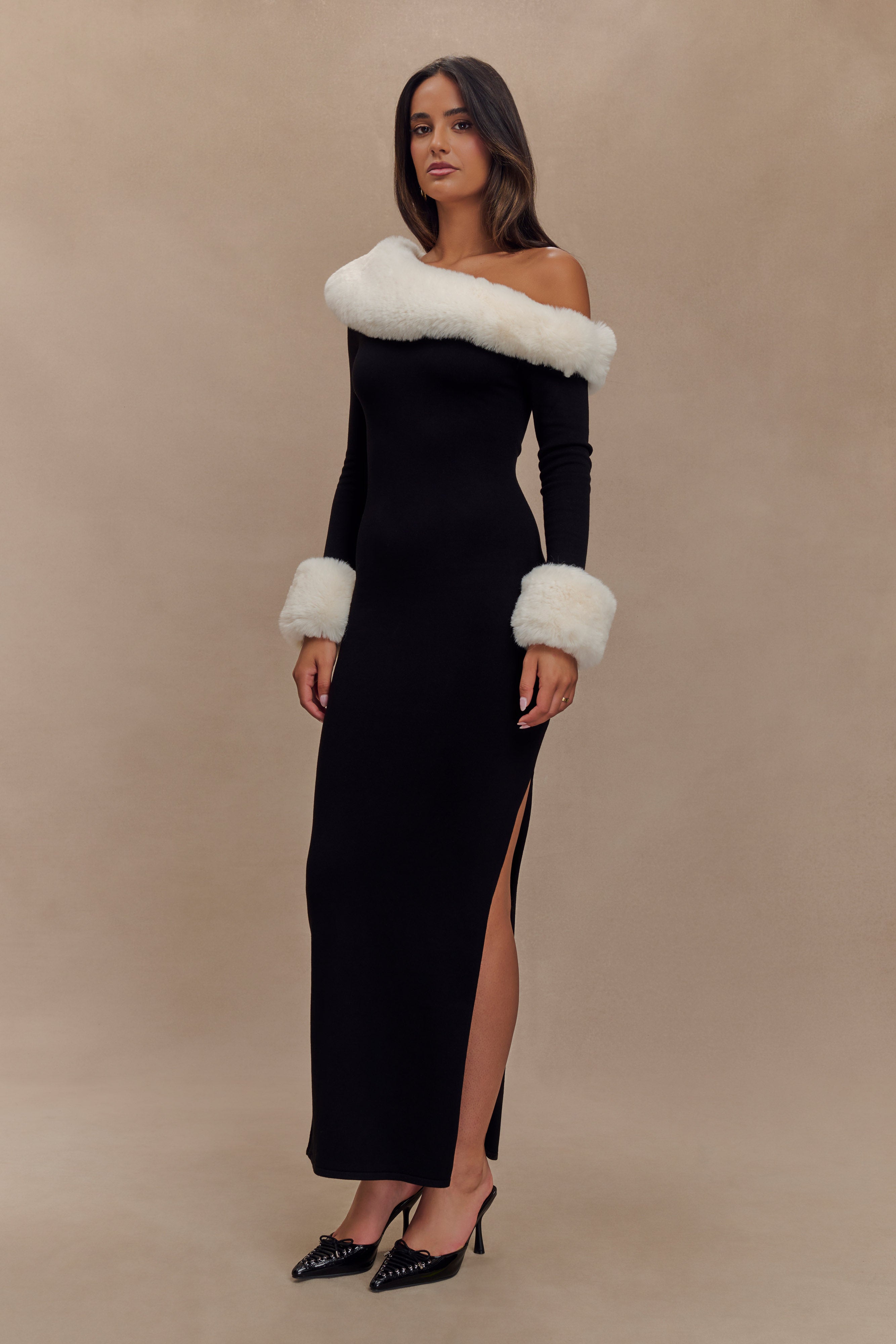 Karleigh Faux Fur Knit Maxi Dress - Black/White、mySite、solidvoid