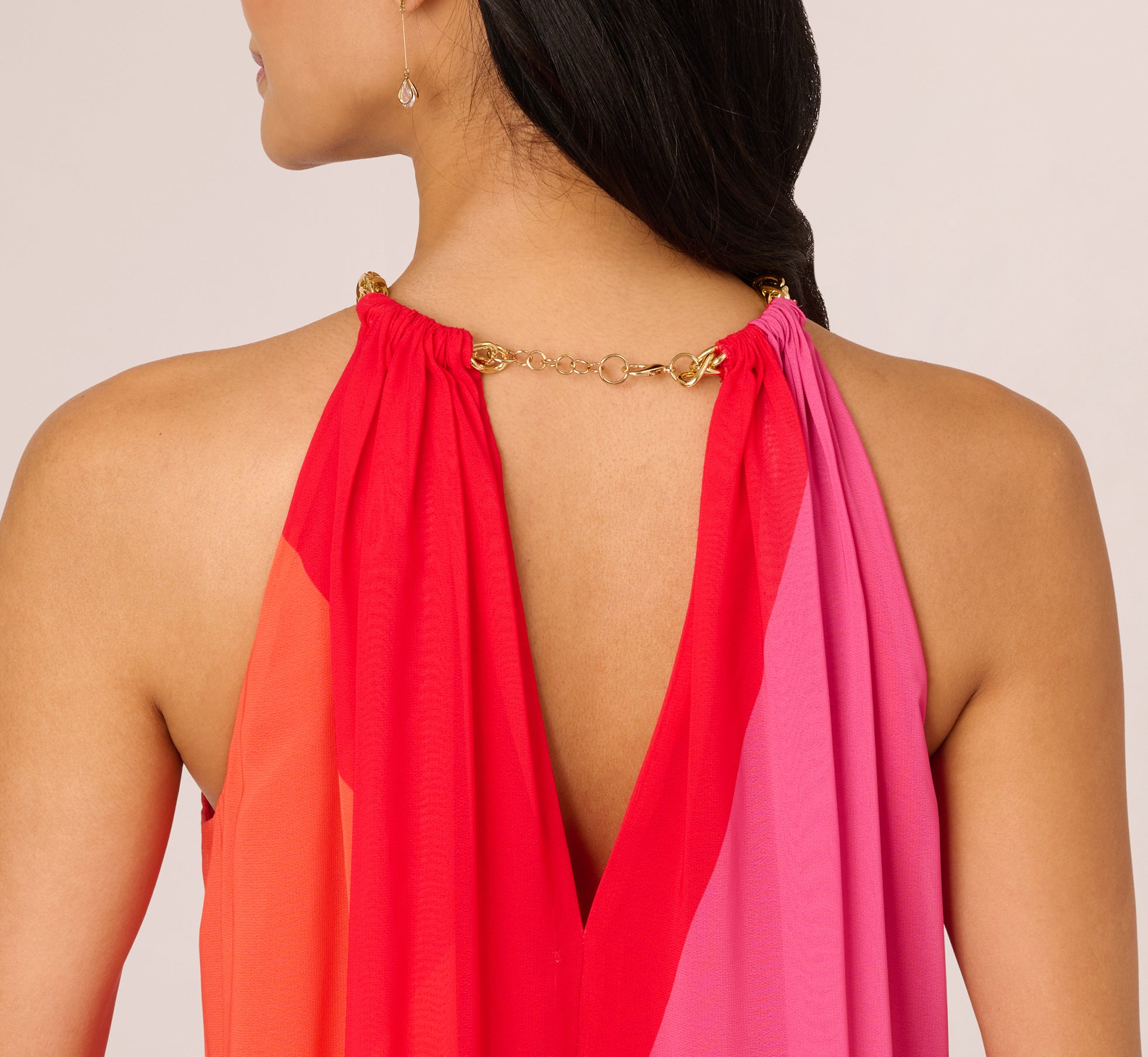 Color Block Chiffon Trapeze Dress With Chain Halter Neckline In Red Multi、mySite、solidvoid