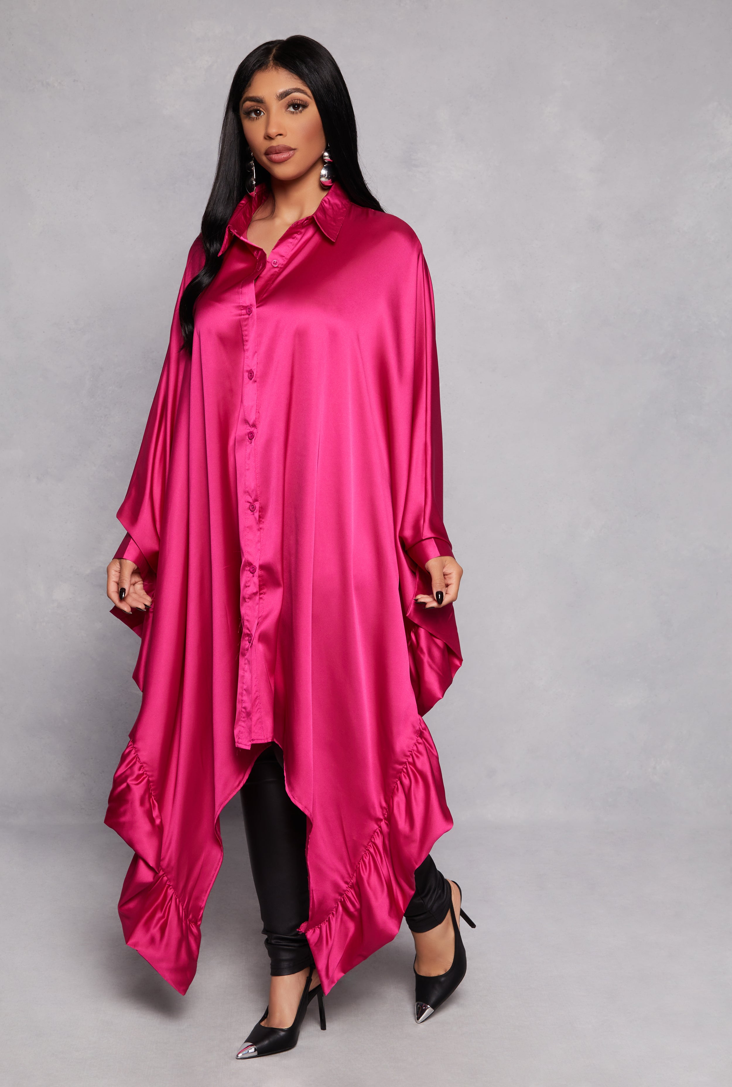 Satin Oversized Ruffled Batwing Shirt Dress、mySite、camillekostekn