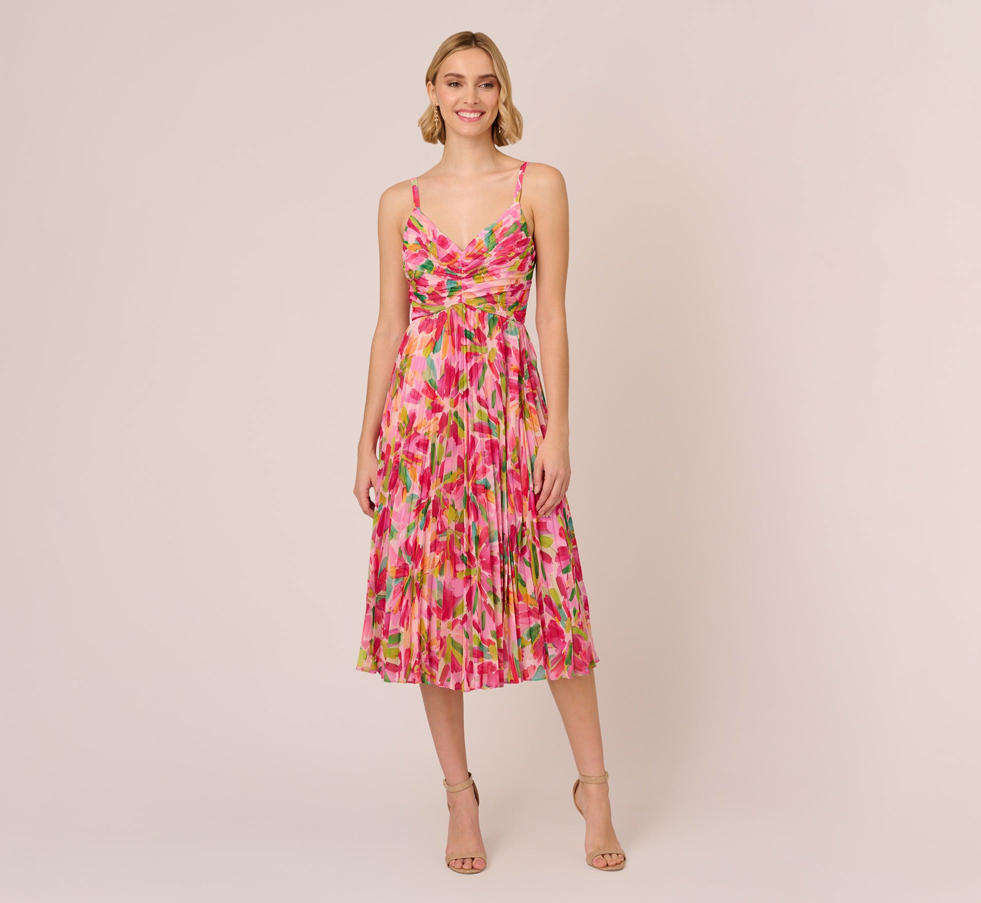 Floral Print Pleated Chiffon Midi Dress In Pink Green Multi、mySite、solidvoid