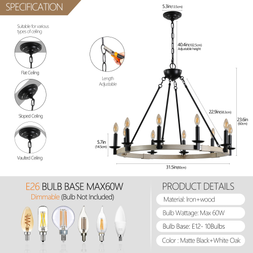 32" Rustic Farmhouse 10-Light Candle Chandelier, Black Metal and Wood Round Hanging Light Fixture for Dining Room, Kitchen, Living Room, Adjustable Height, E12 Bulb Base (No Bulbs)、、eastwooduniform