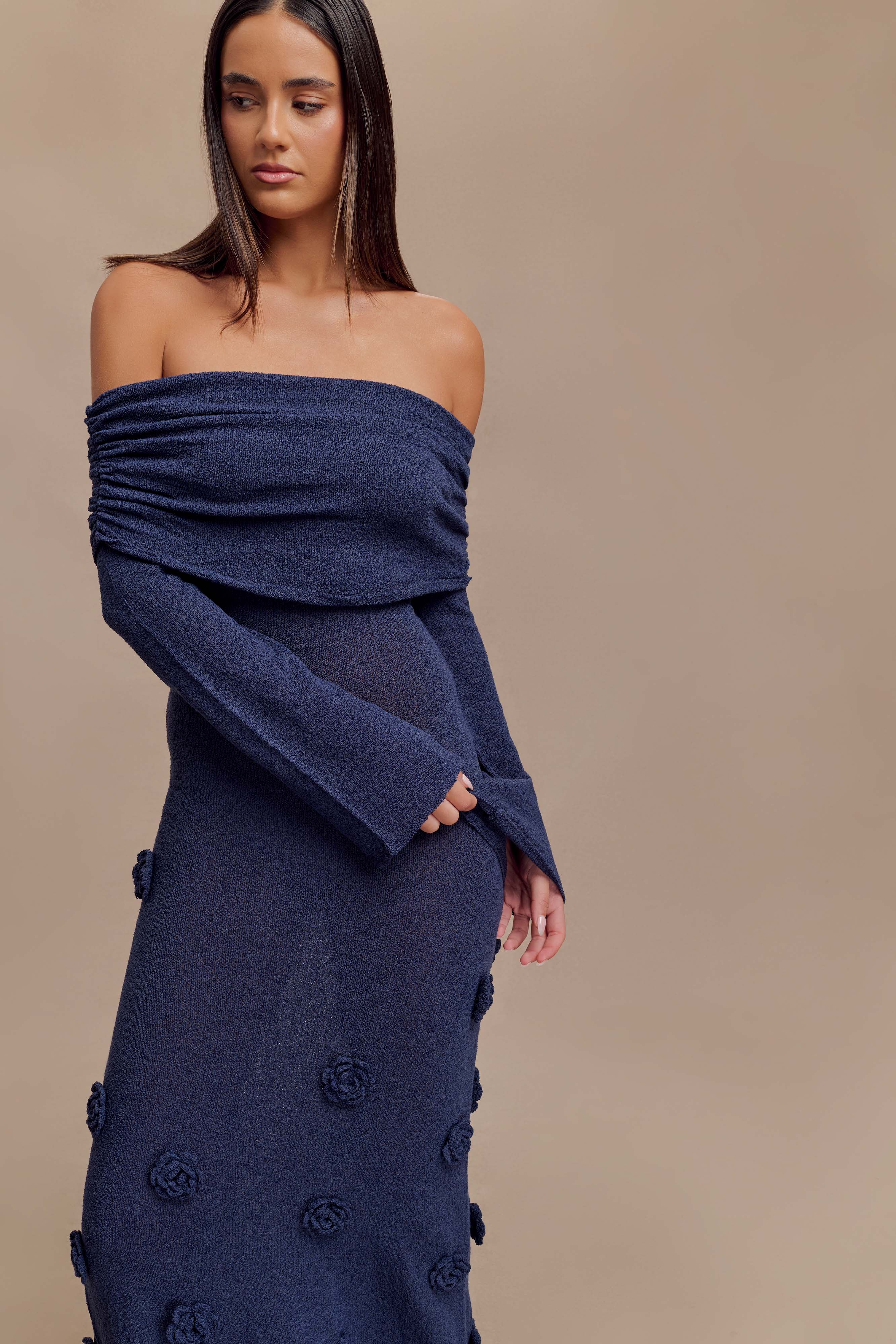 Kiki Off Shoulder Knit Rose Maxi Dress - Navy、mySite、solidvoid