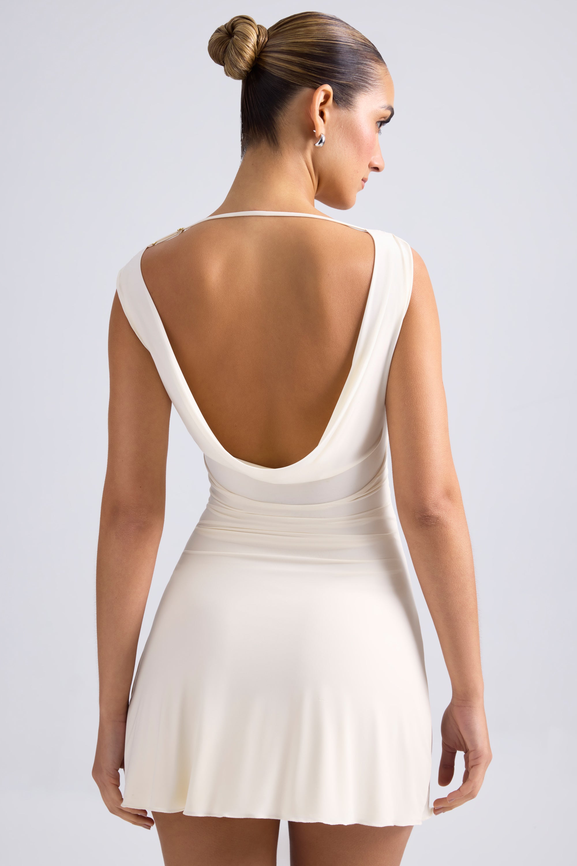 Off-Shoulder Cowl-Back A-Line Mini Dress in Ivory、mySite、solidvoid