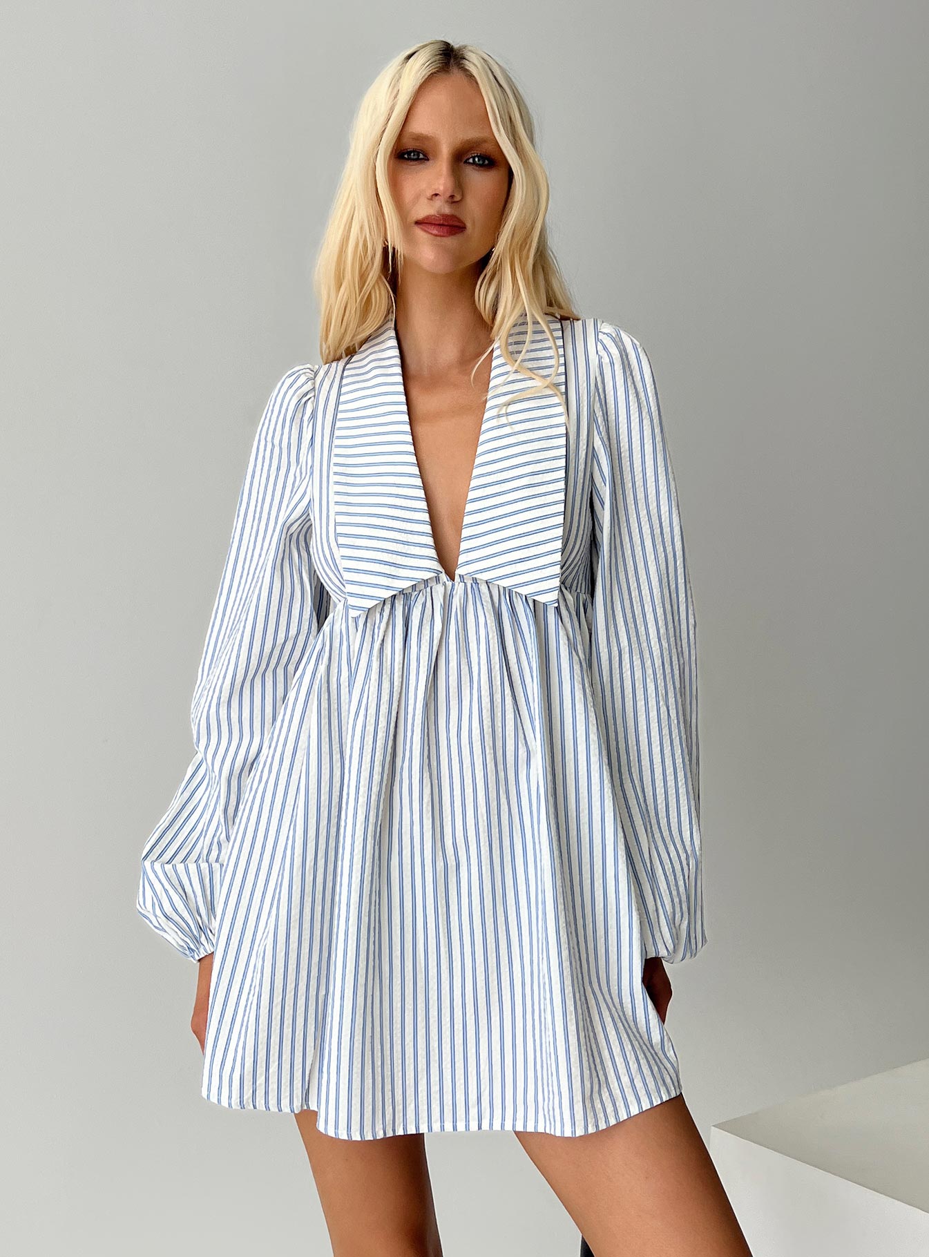 Ronelle Collared Long Sleeve Mini Dress Blue Stripe、mySite、solidvoid