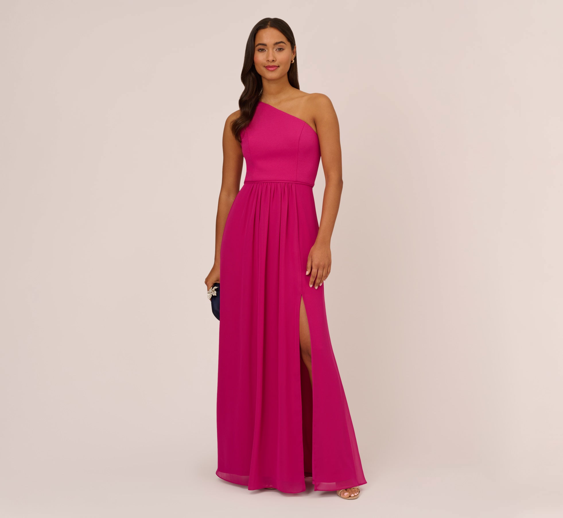 One Shoulder Chiffon Long Gown In Bright Magenta、mySite、solidvoid