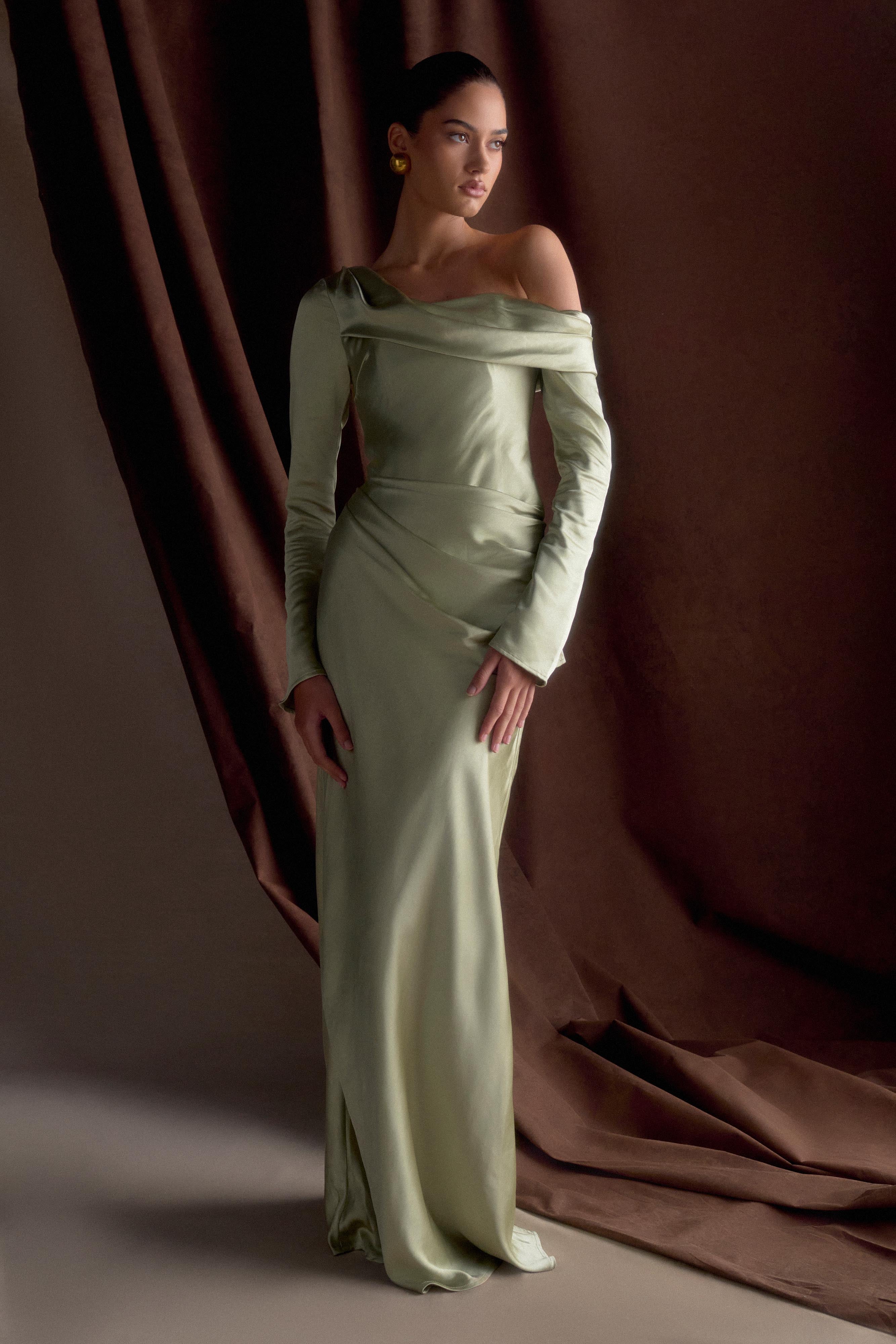 Iris Long Sleeve Satin Maxi Dress - Sage、mySite、solidvoid