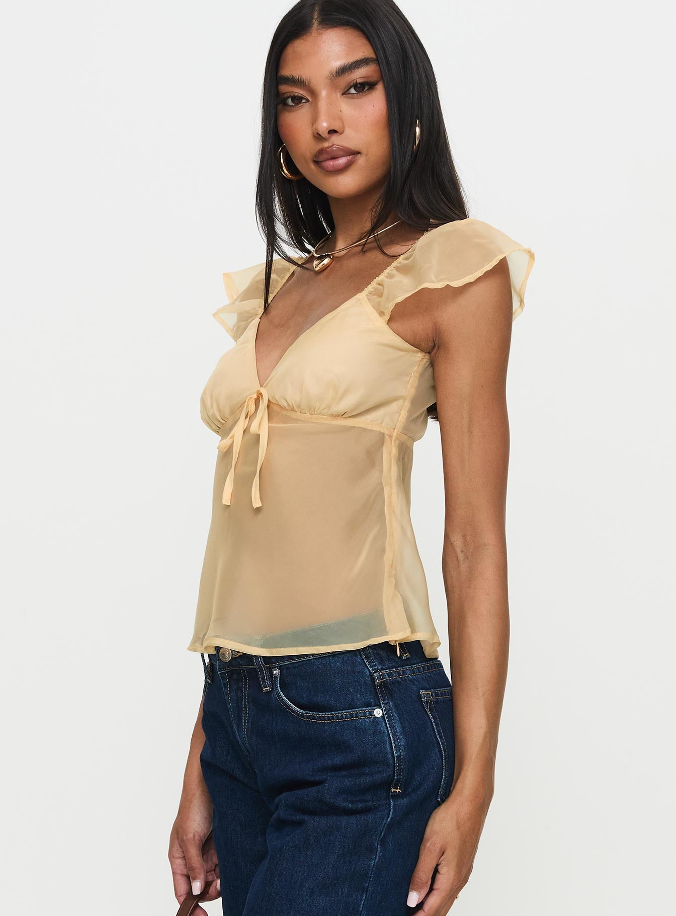 Keysia Cap Sleeve Sheer Top Apricot、mySite、solidvoid