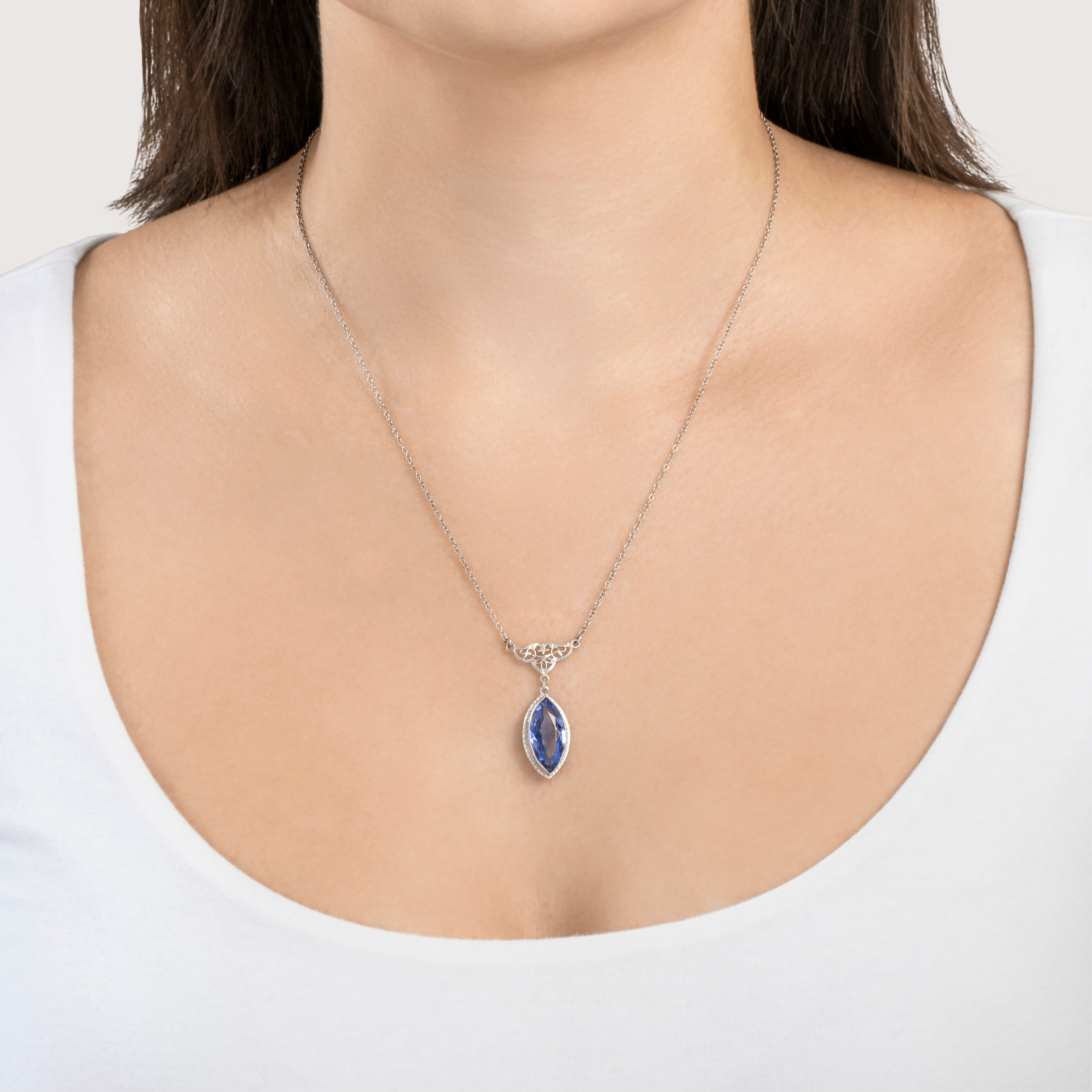Antique Art Deco 10k White Gold Blue Synthetic Sapphire Lavalier Necklace 17、mySite、hinf8tx79