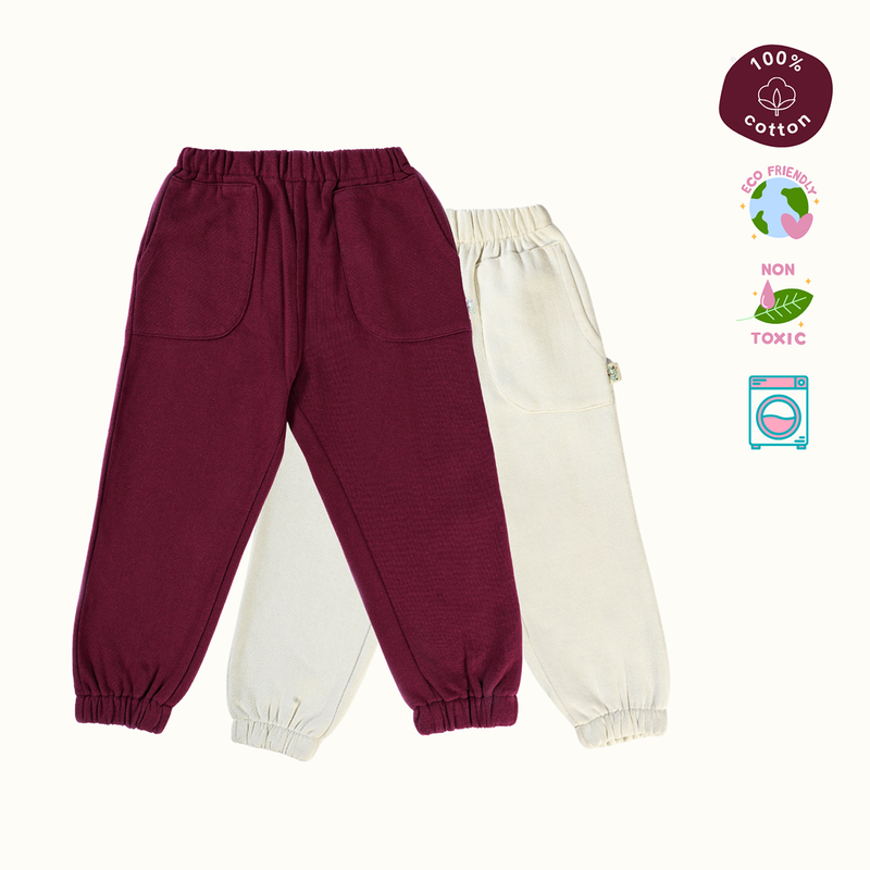 Cotton Terry Sweat Pants | Maroon & Creme | Set of 2、mySite、camillekostekn
