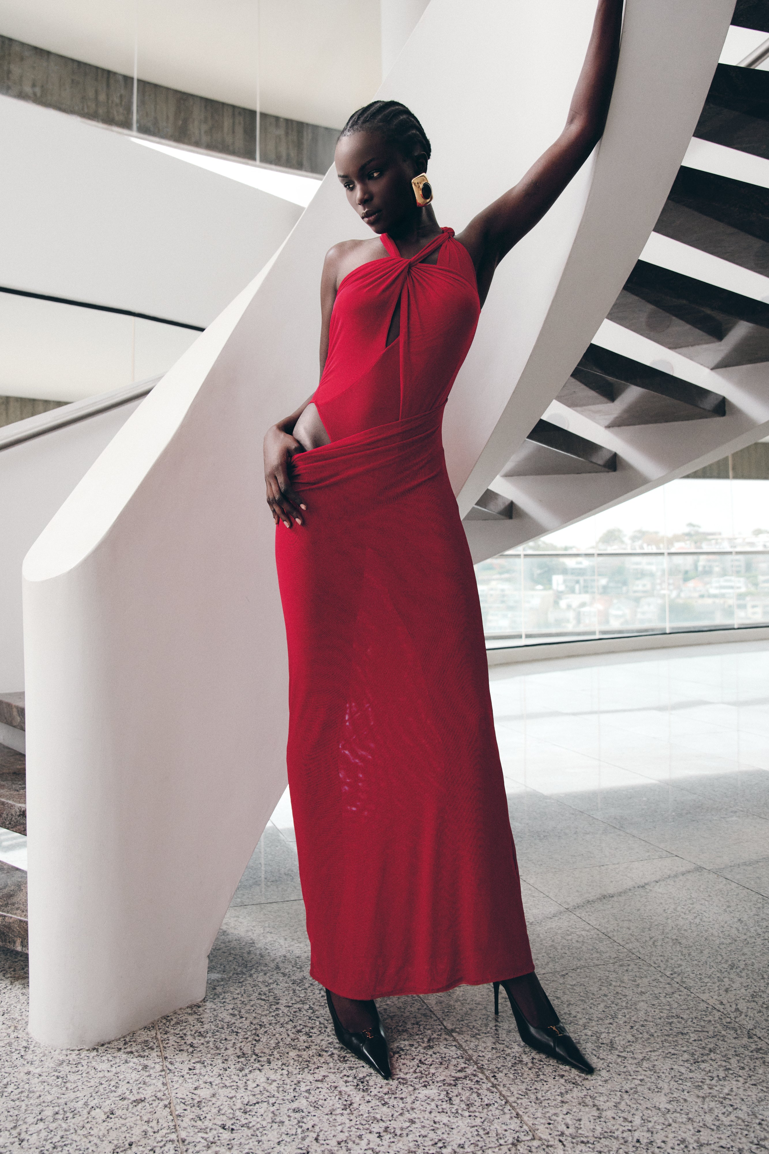 Edwina Knotted Mesh Maxi Dress - Red、mySite、solidvoid