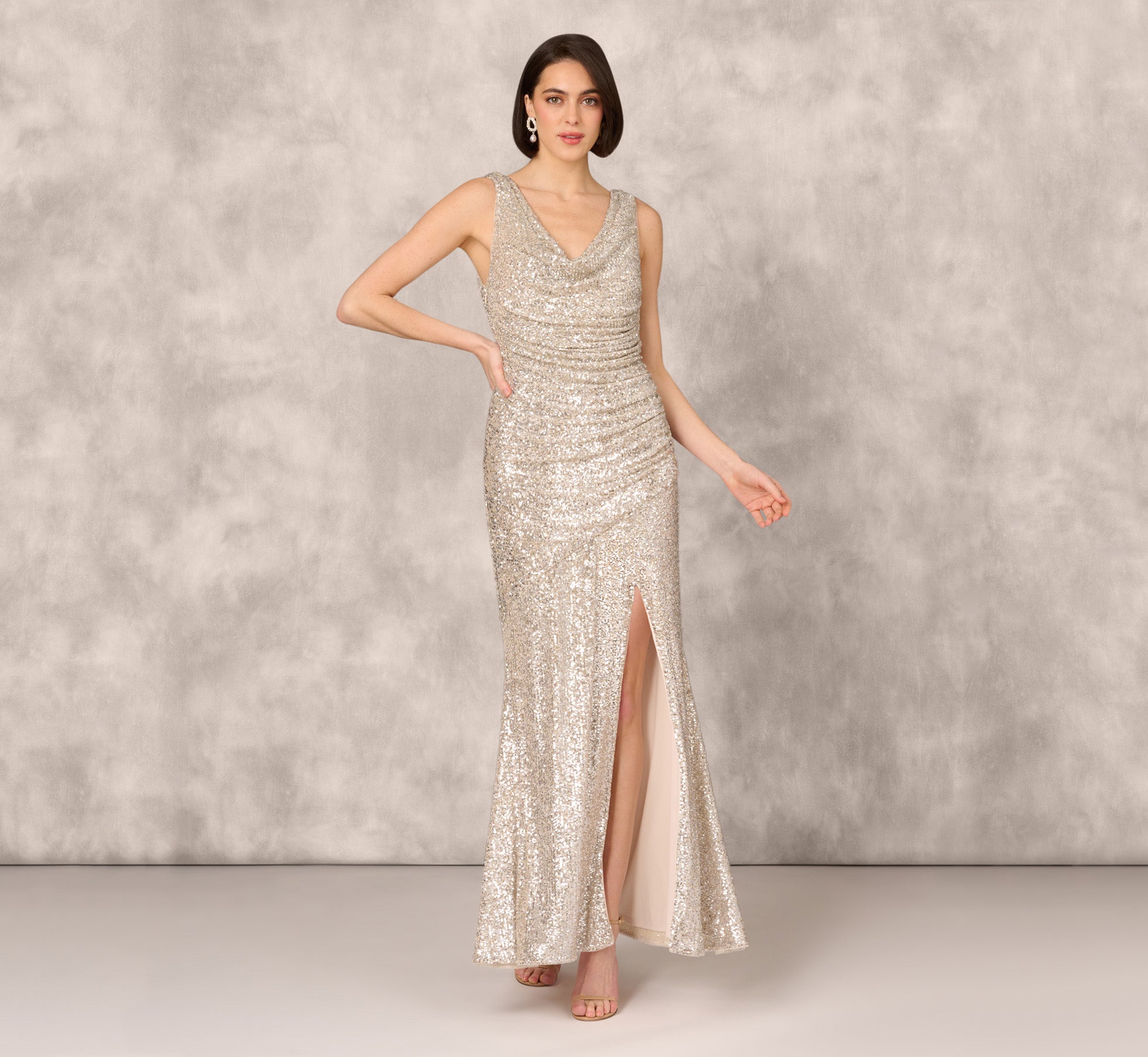 Stretch Sequin Sleeveless Cowl Neck Gown With Gathered Details In Champagne Silver、mySite、solidvoid