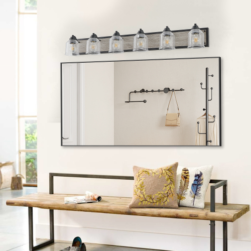 40&quot; Farmhouse Vanity Light Fixture, 5-Light Bathroom Wall Sconce with Clear Seeded Glass Shades, Black and Wood Grain Finish, Modern Industrial Design for Bathroom or Powder Room (No Bulbs)、、eastwooduniform