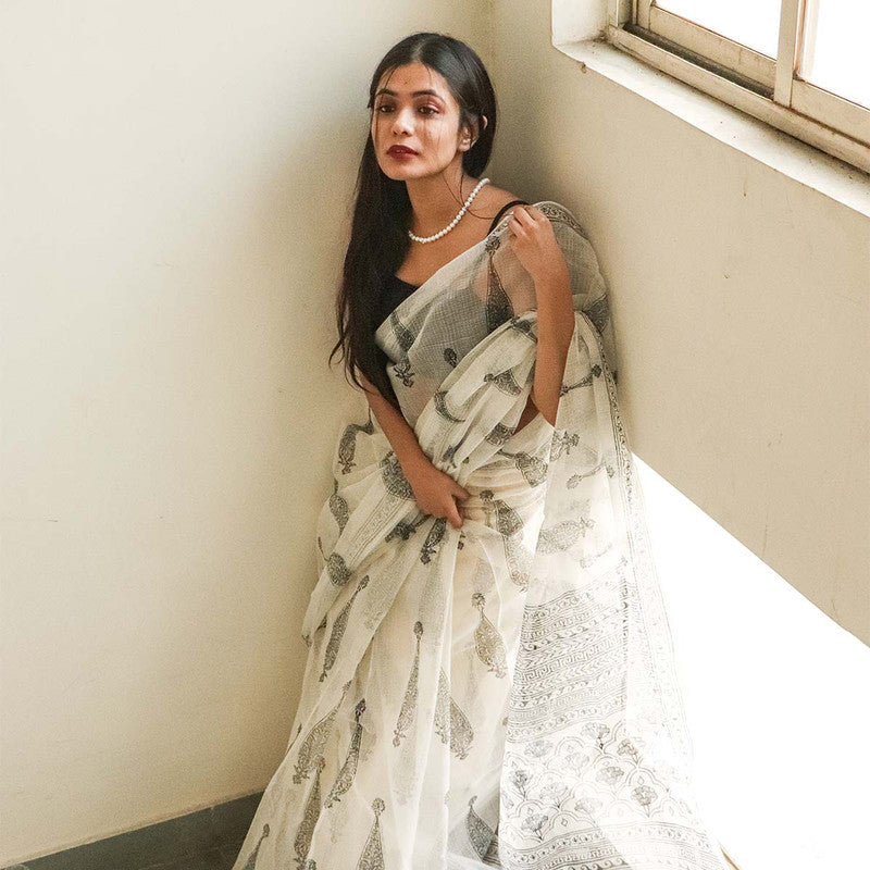 Handblock Printed Kota Doria Saree | White & Black、mySite、camillekostekn
