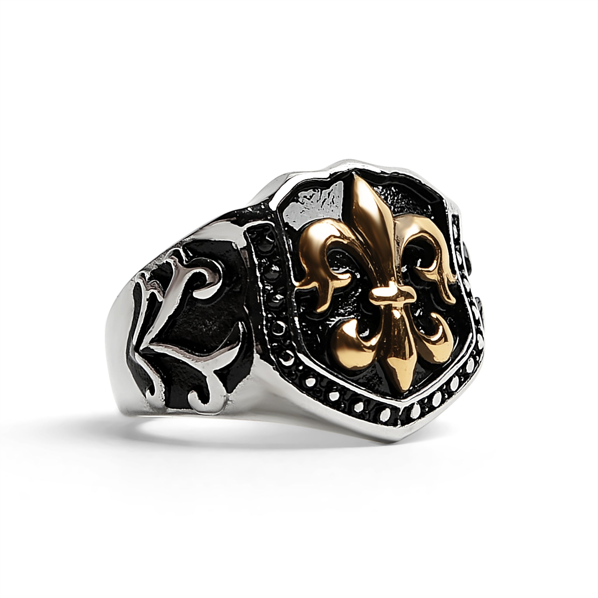 Stainless Steel 18K Gold PVD Coated Fleur De Lis Shield Signet Ring / SCR4034、mySite、dreamappss