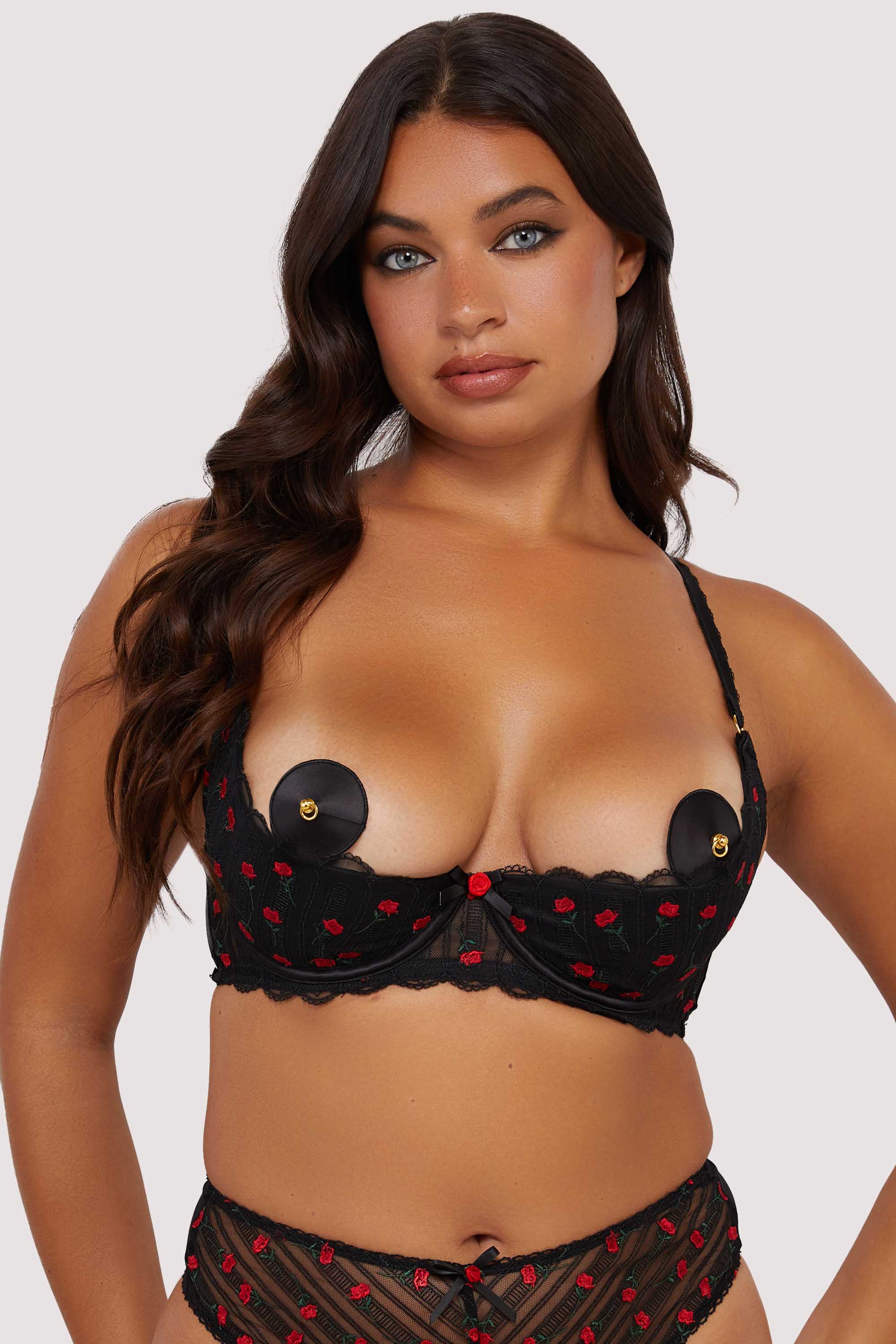 Elodie Black and Red Rosebud Embroidery Quarter Cup Bra、mySite、bengalsvssteelers