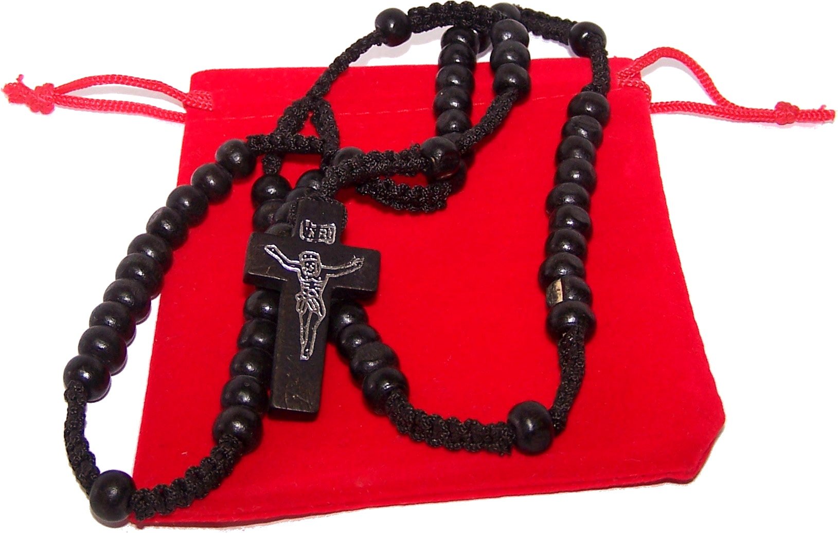 Two Rosaries with Velvet Bags : Black, Tan or Light Brown Colored Wooden Beads Rosary Necklaces with Jesus Imprint Cross、mySite、topwebapps