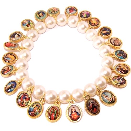 Pearl beads elastic bracelet with Saints icons (6cm or 2.36 is diameter inside circle when not expanded)、mySite、topwebapps
