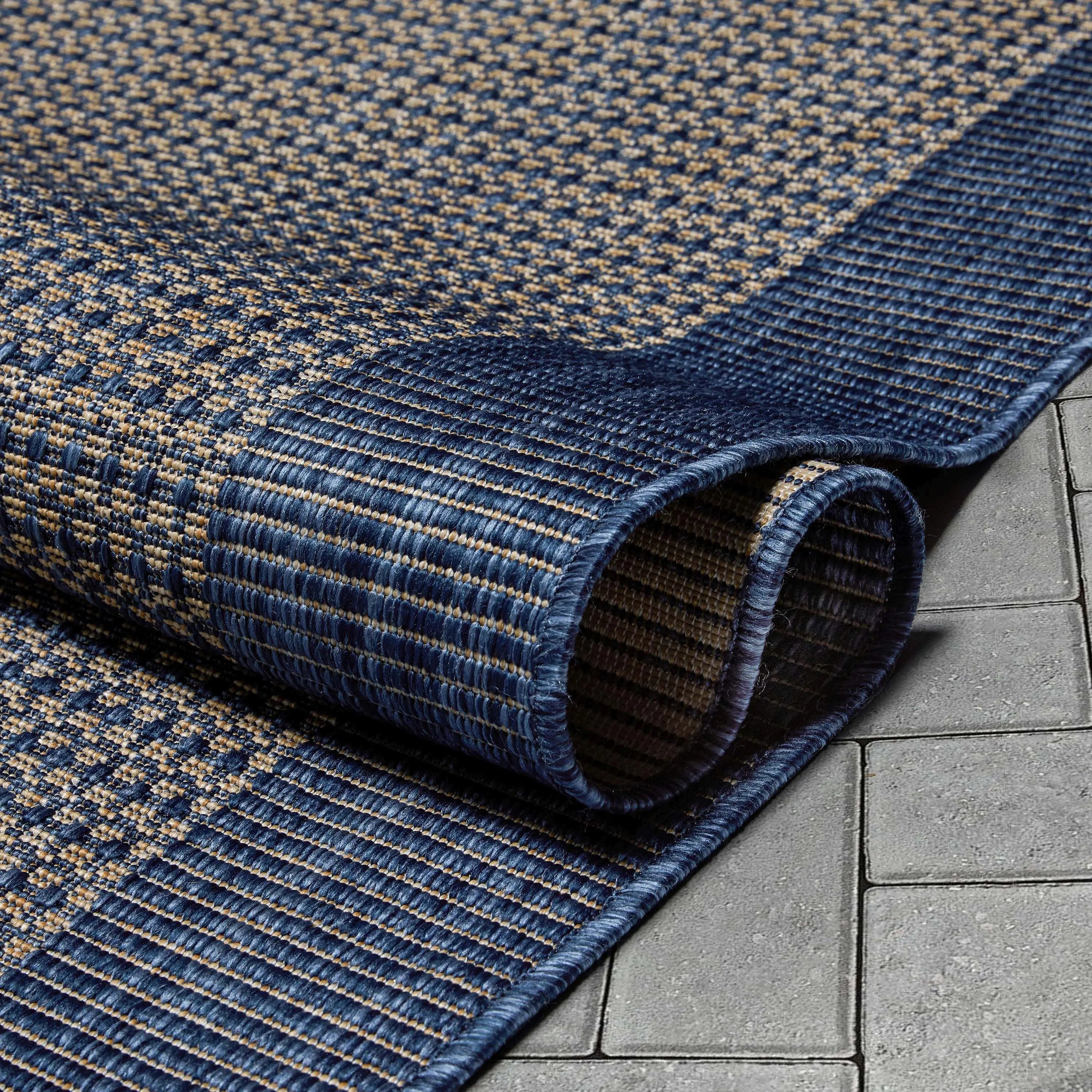Odin Solid & Striped Border Indoor Outdoor Blue Flatweave Rug、mySite、gigharbornorthrealestate