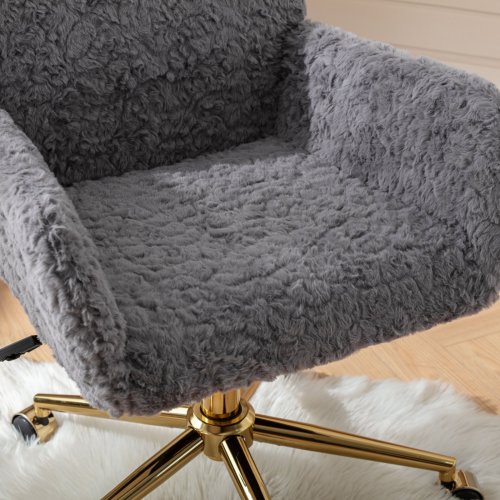 A&A Furniture Office Chair,Artificial rabbit hair Home Office Chair with Golden Metal Base,Adjustable Desk Chair Swivel Office Chair,Vanity Chair(Orange)、、casual