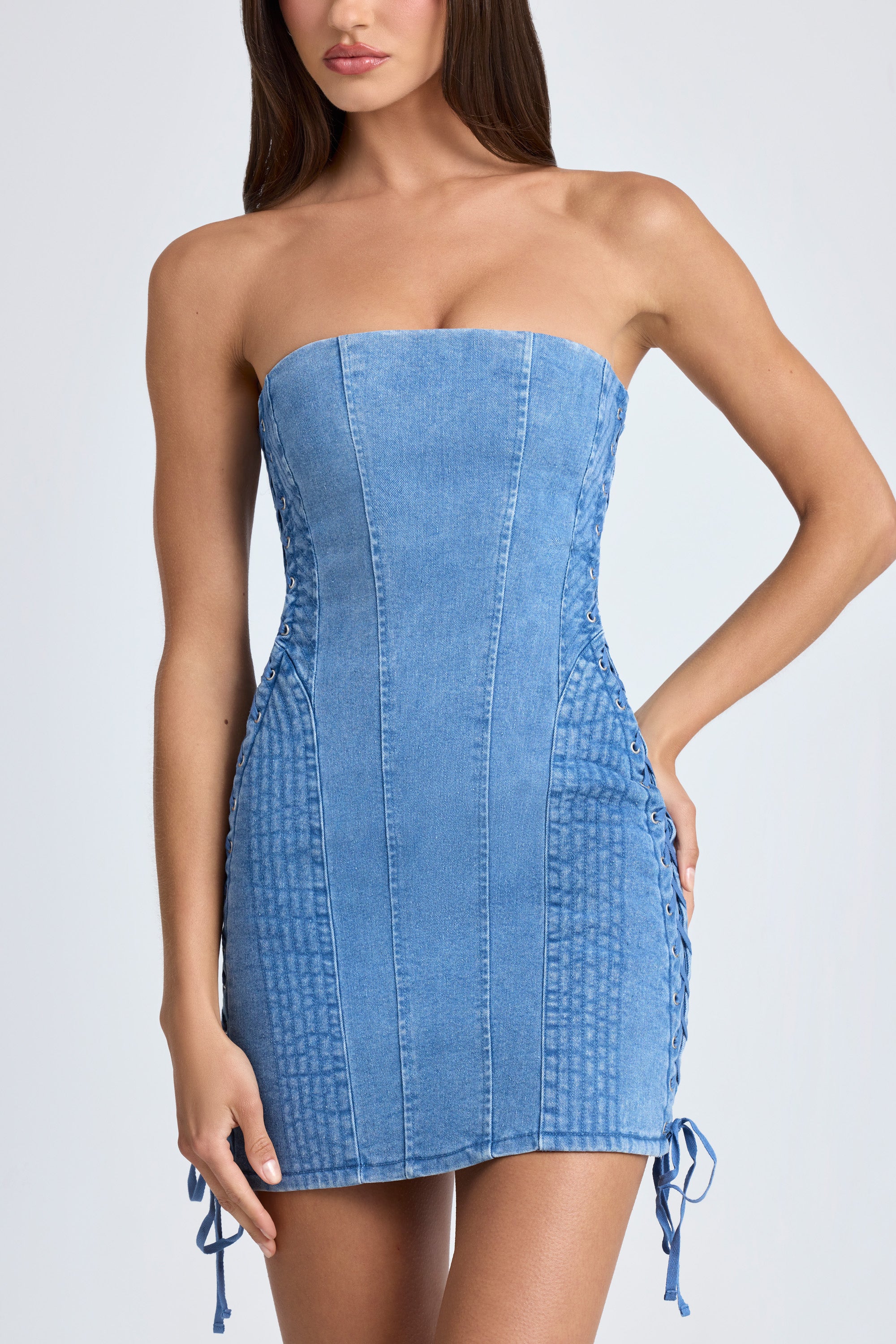Bandeau Lace-Up Mini Dress in Mid Blue Stonewash、mySite、solidvoid