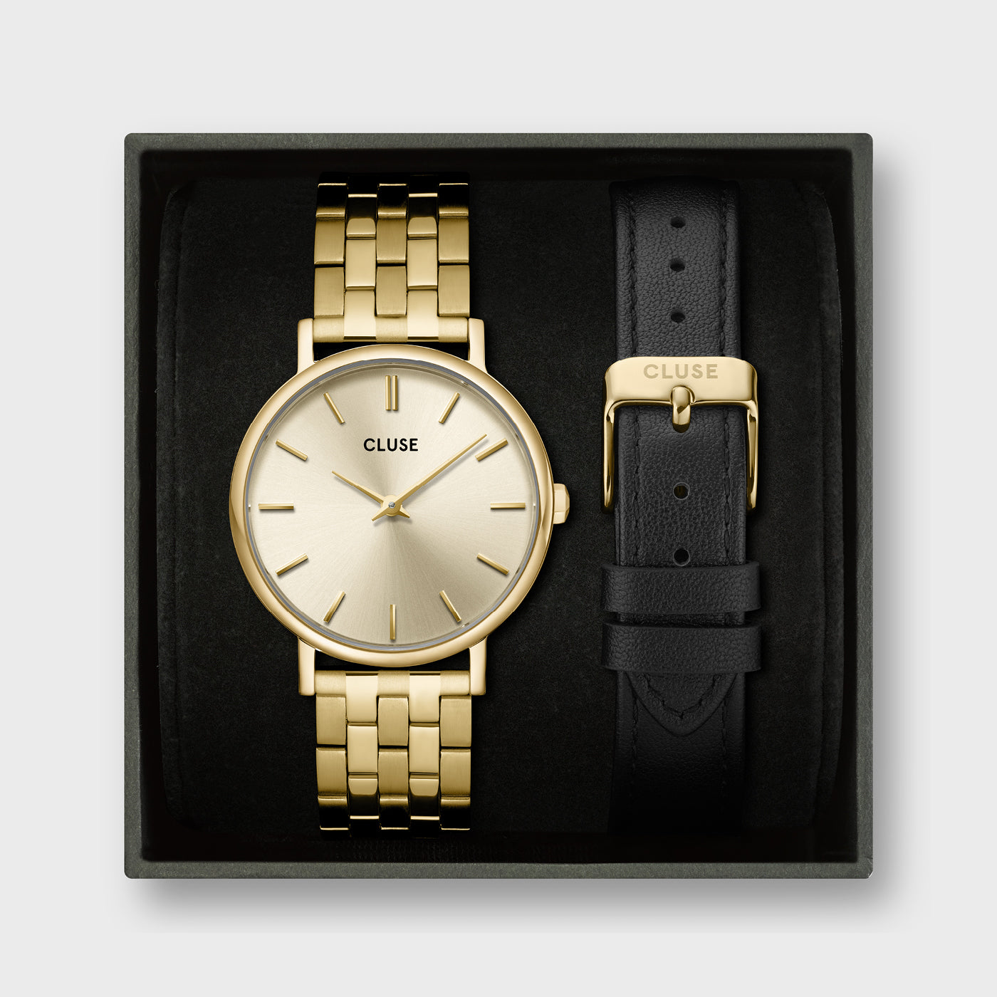  Gift Box Pavane Petite 2.0 Watch Steel, Gold Colour & Black Leather Strap