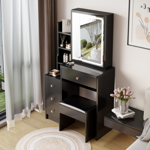 29.2" Small Size Left Bedside Cabinet Vanity Table + Cushioned Stool, Large Sliding, Touch Control, Tri-color Switching, Brightness Adjust LED Mirror, High Capacity Storage, Suitable for Small Space、、xpatfood