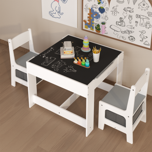 Kids Table and Chair Set, 3 in 1 Wooden Activity Table with Storage Drawer for Toddlers Drawing, Reading, Crafts, 2 in 1 Detachable Tabletop Table Set for Nursery, Playroom、、casual