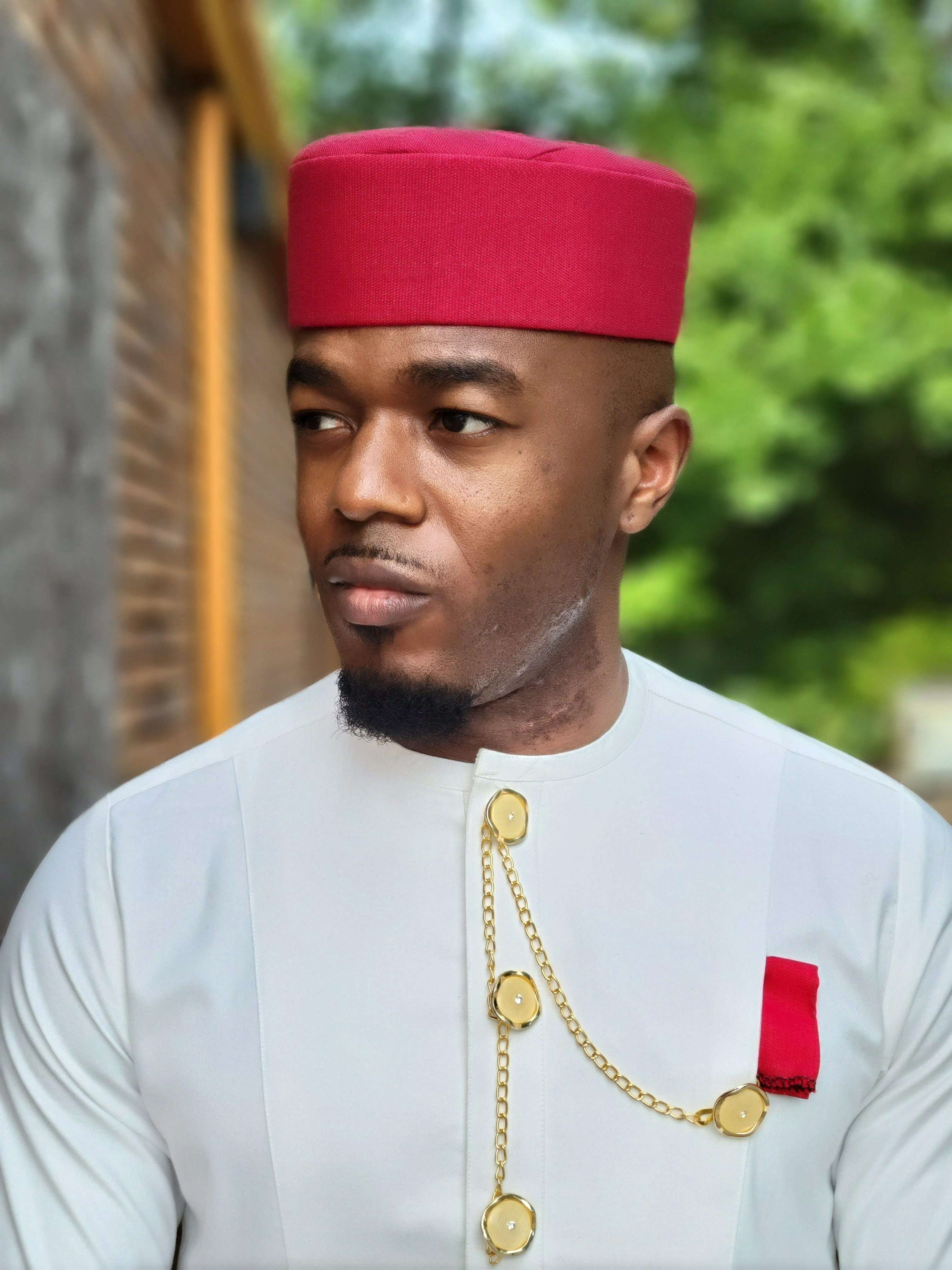 Red Ejiji African Handwoven Aso Oke Kufi Hat for Men DPHEJ200、mySite、solidvoid