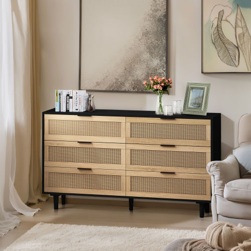51.18"6-Drawers Rattan Storage Cabinet Rattan Drawer,for Bedroom,Living Room,Natural (Same SKU:W757P198980)、、casual