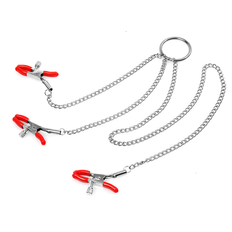 3 Headed Nipple & Labia Clamp Chain | Fetish | Metal | Red | Bondage、mySite、bottomscart