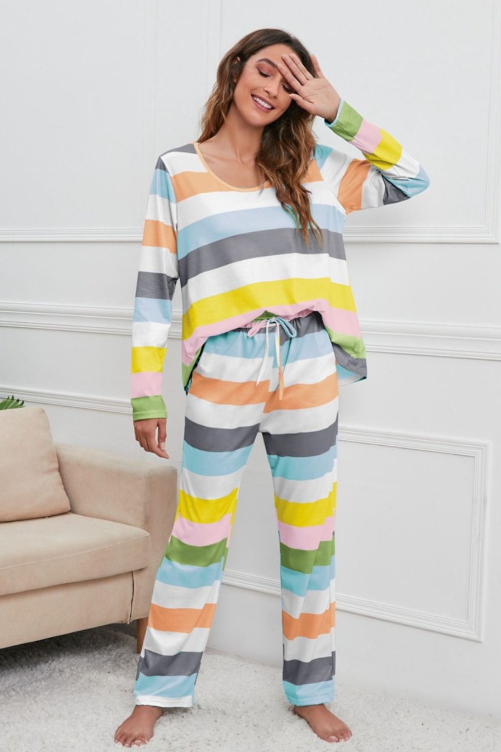  Striped Round Neck Long Sleeve Top and Drawstring Pants Lounge Set、mySite、justintrudeaud